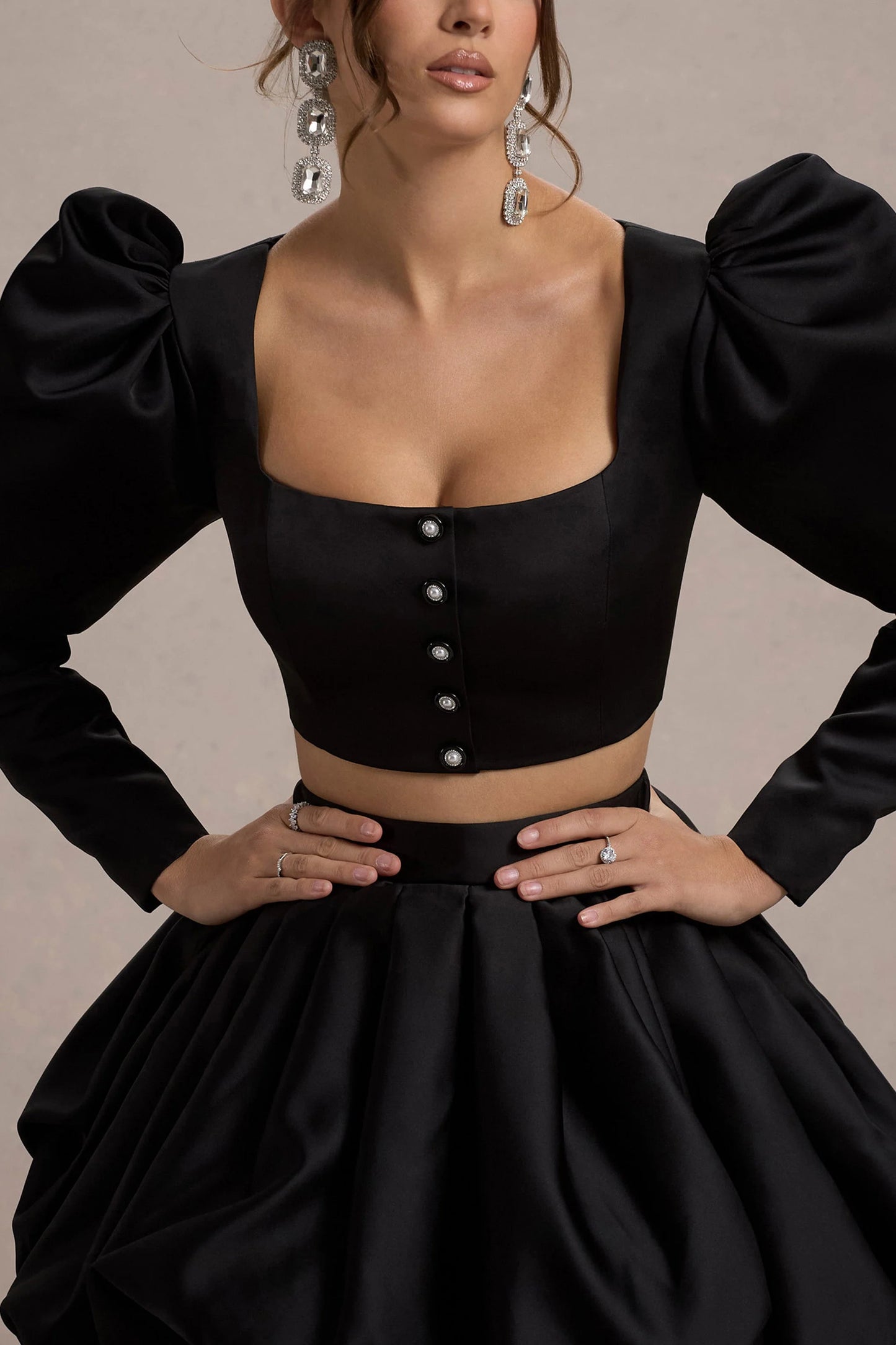 Eloisa | Black Satin Puff-Sleeve Cropped Jacket