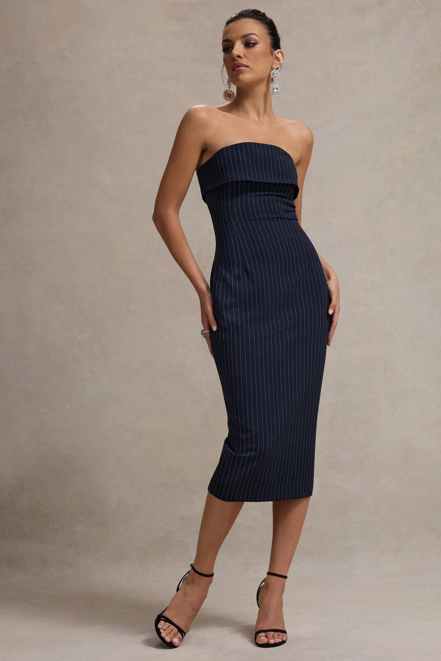 Highway | Navy Pinstripe Strapless Midi Dress