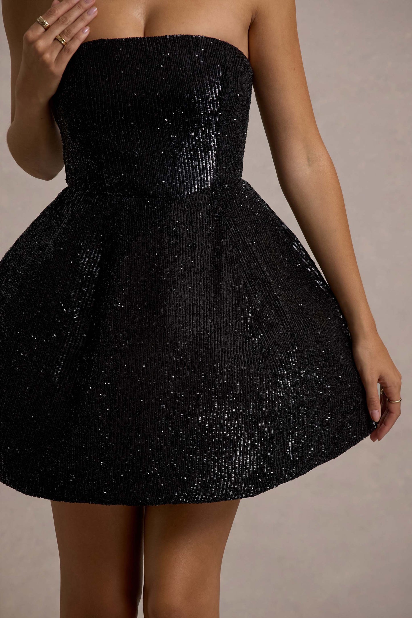 Clarabell | Black Sequin Bandeau Structured Mini Dress