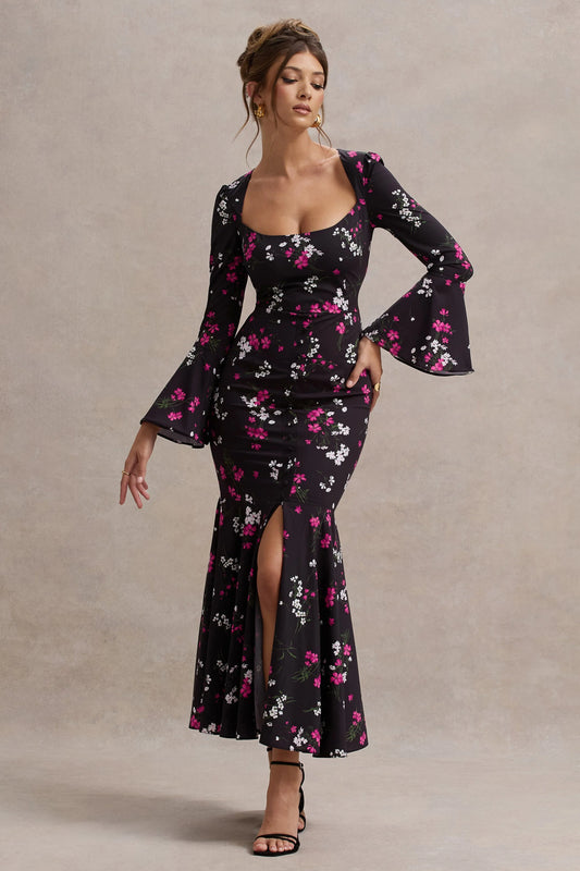 Catalonia | Black Ditsy Floral Print Chiffon Long-Sleeve Split Maxi Dress