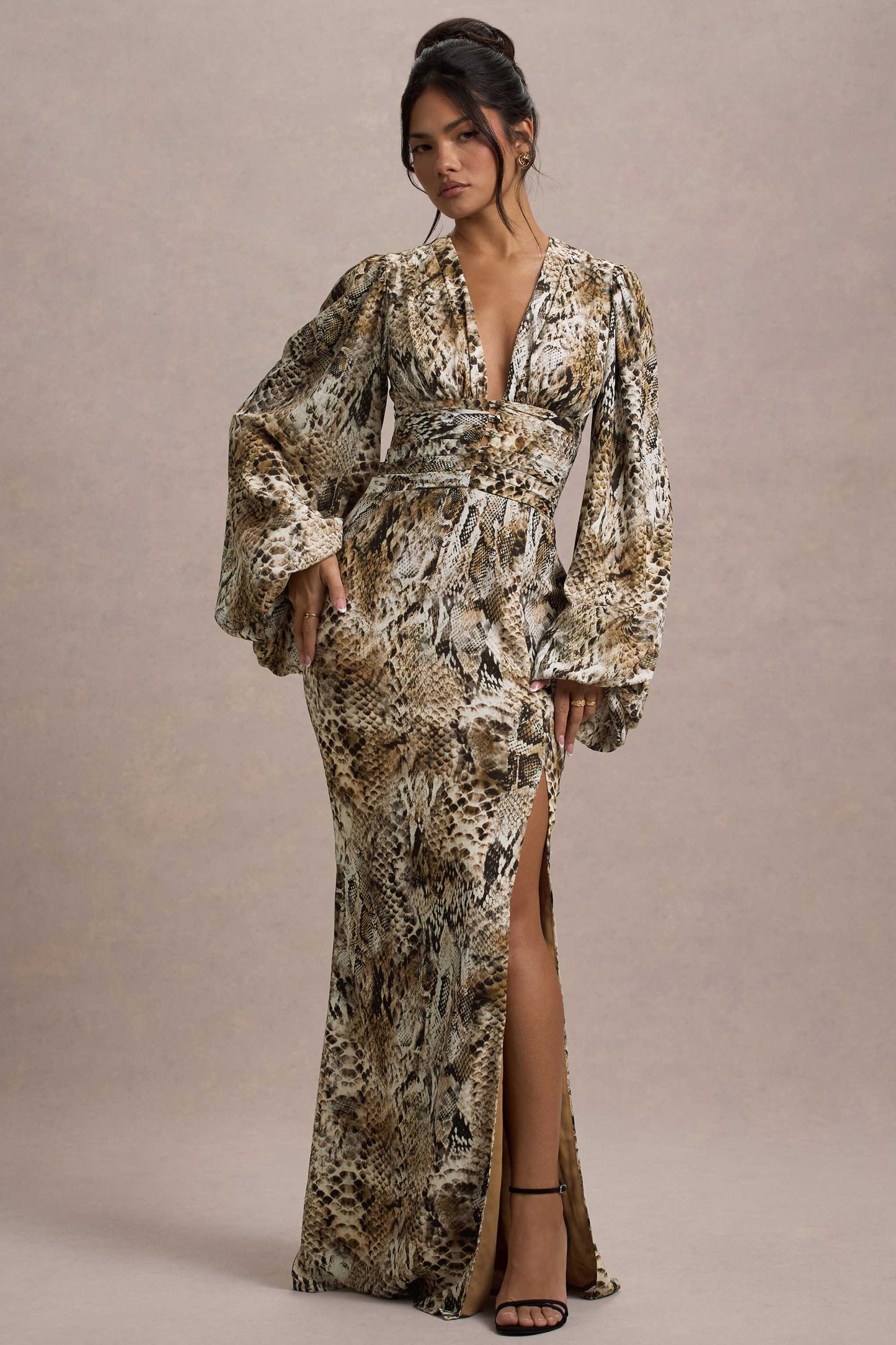 Casarile | Snake Print V-Neck Balloon Sleeve Maxi Dress