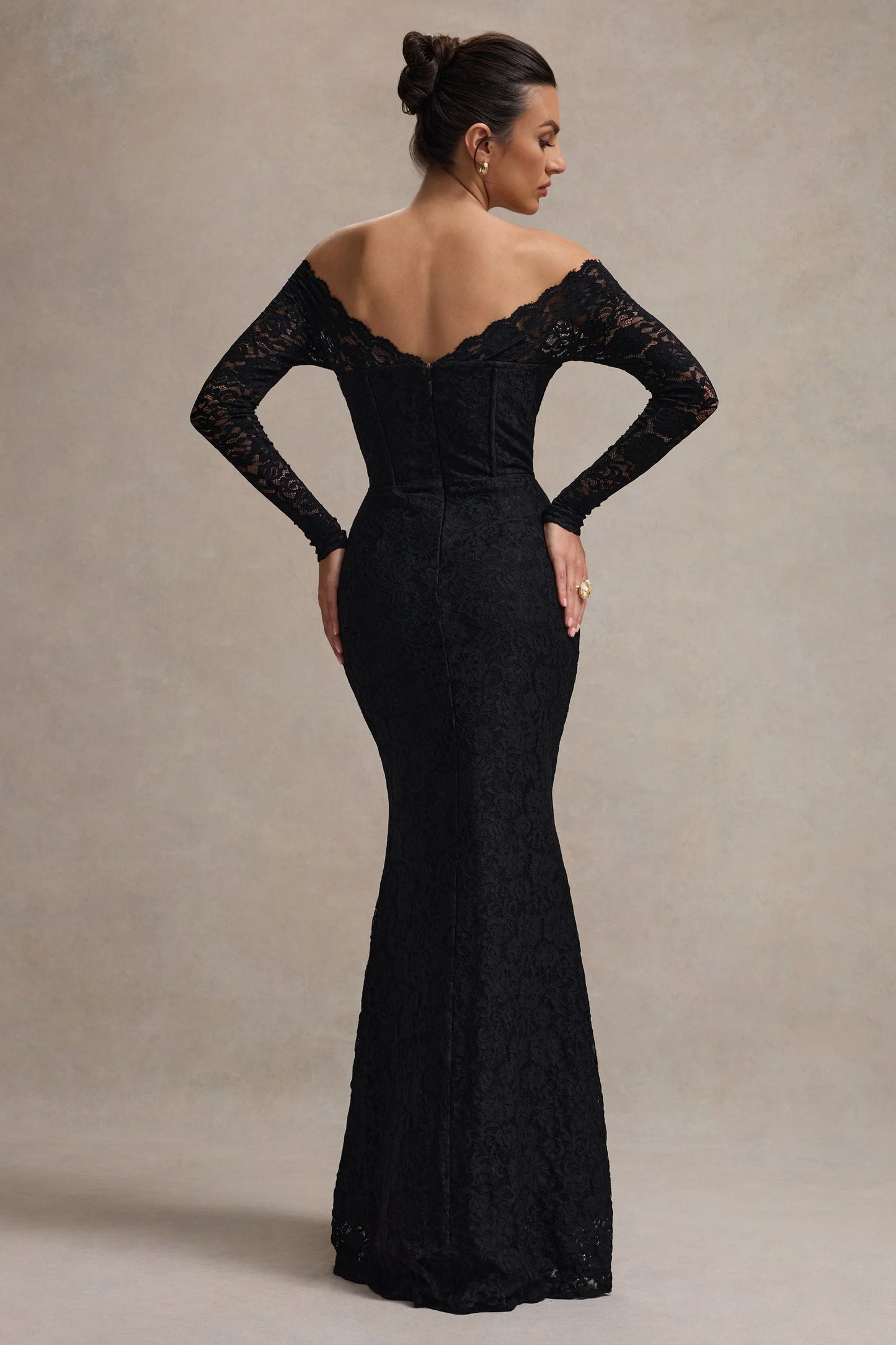 Astoria | Black Lace Bardot Maxi Dress With Chiffon Skirt