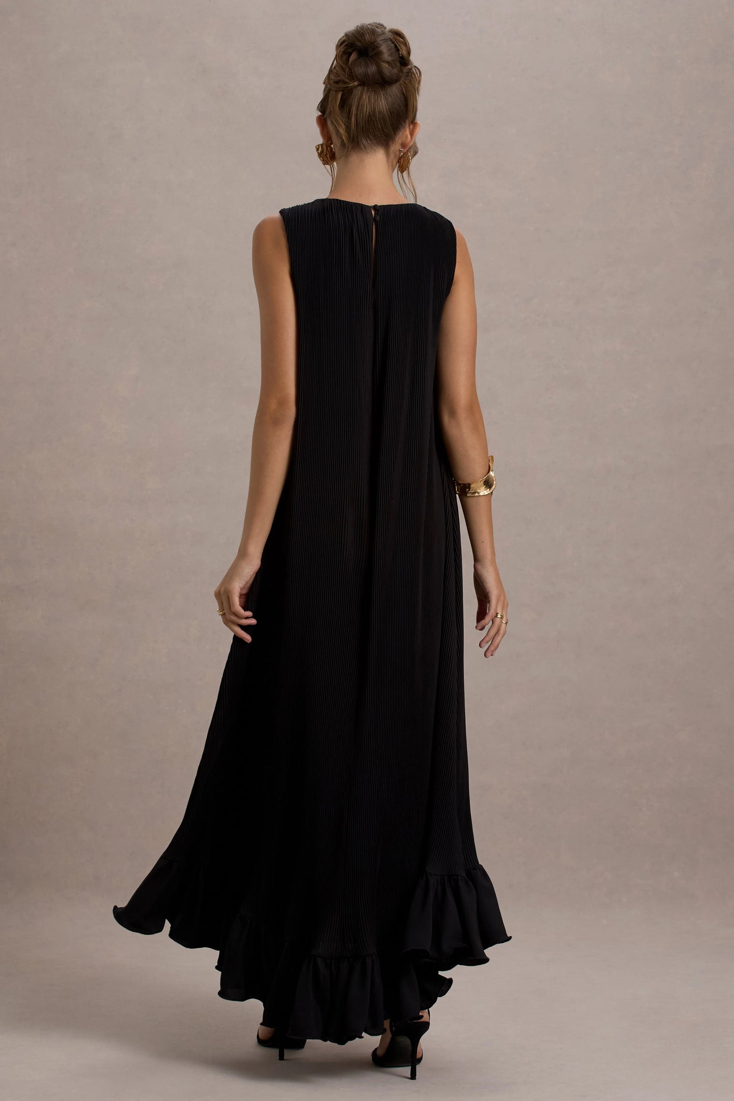 Hazelle | Black Chiffon A-Line Ruffled Maxi Dress