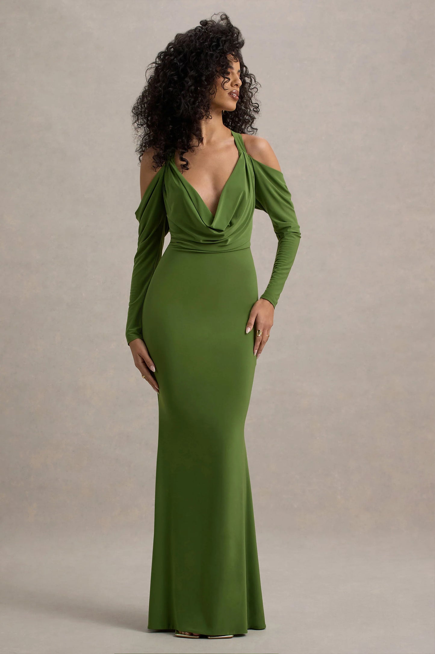 Hurghada | Green Plunge-Neck Long-Sleeve Maxi Dress