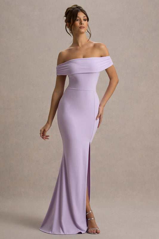 Law of Attraction | Lilac Bardot Draped Split Maxi Dress