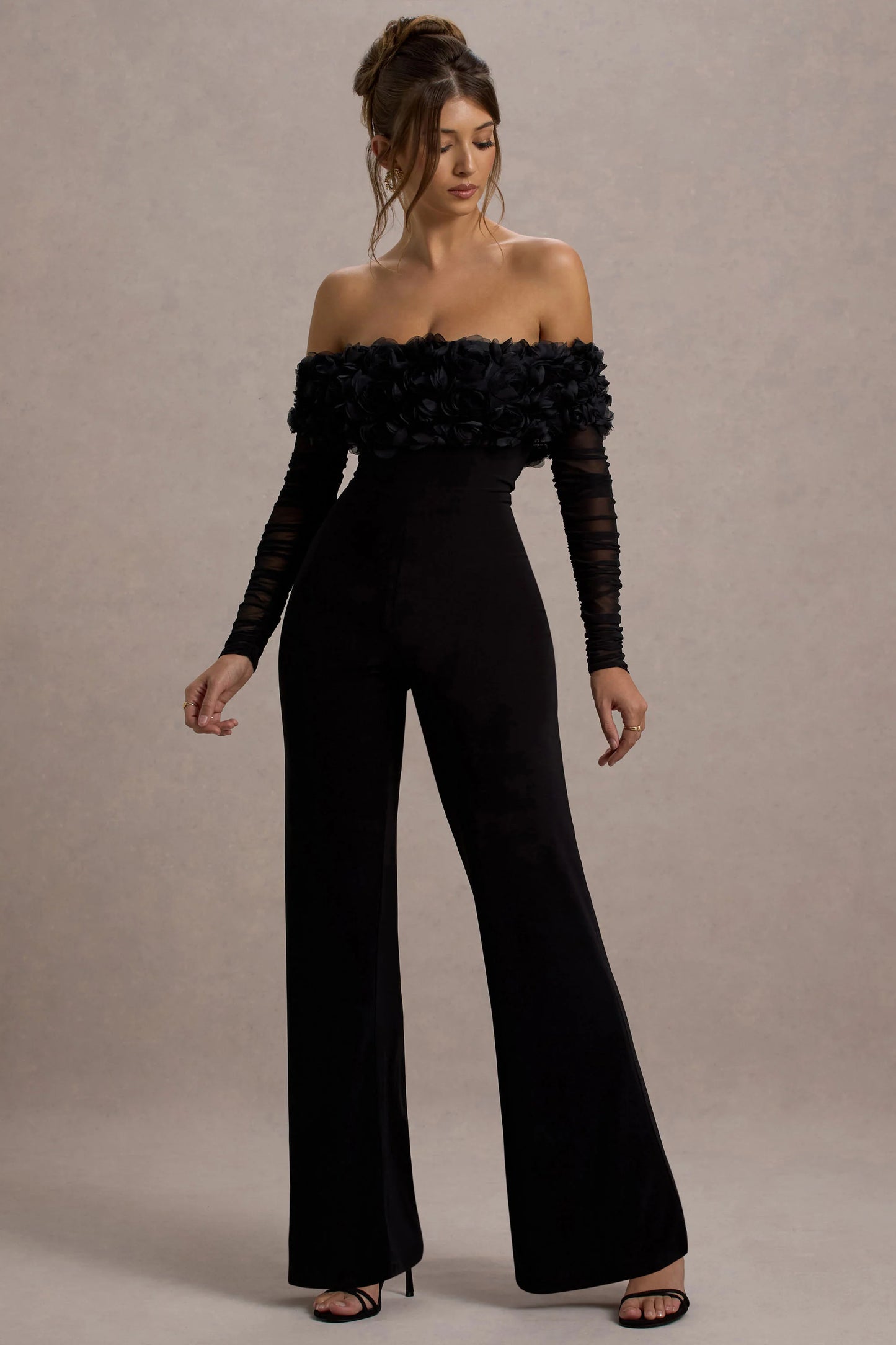 Celebrate | Black Bardot Long-Sleeved Flared-Leg Jumpsuit With Flowers