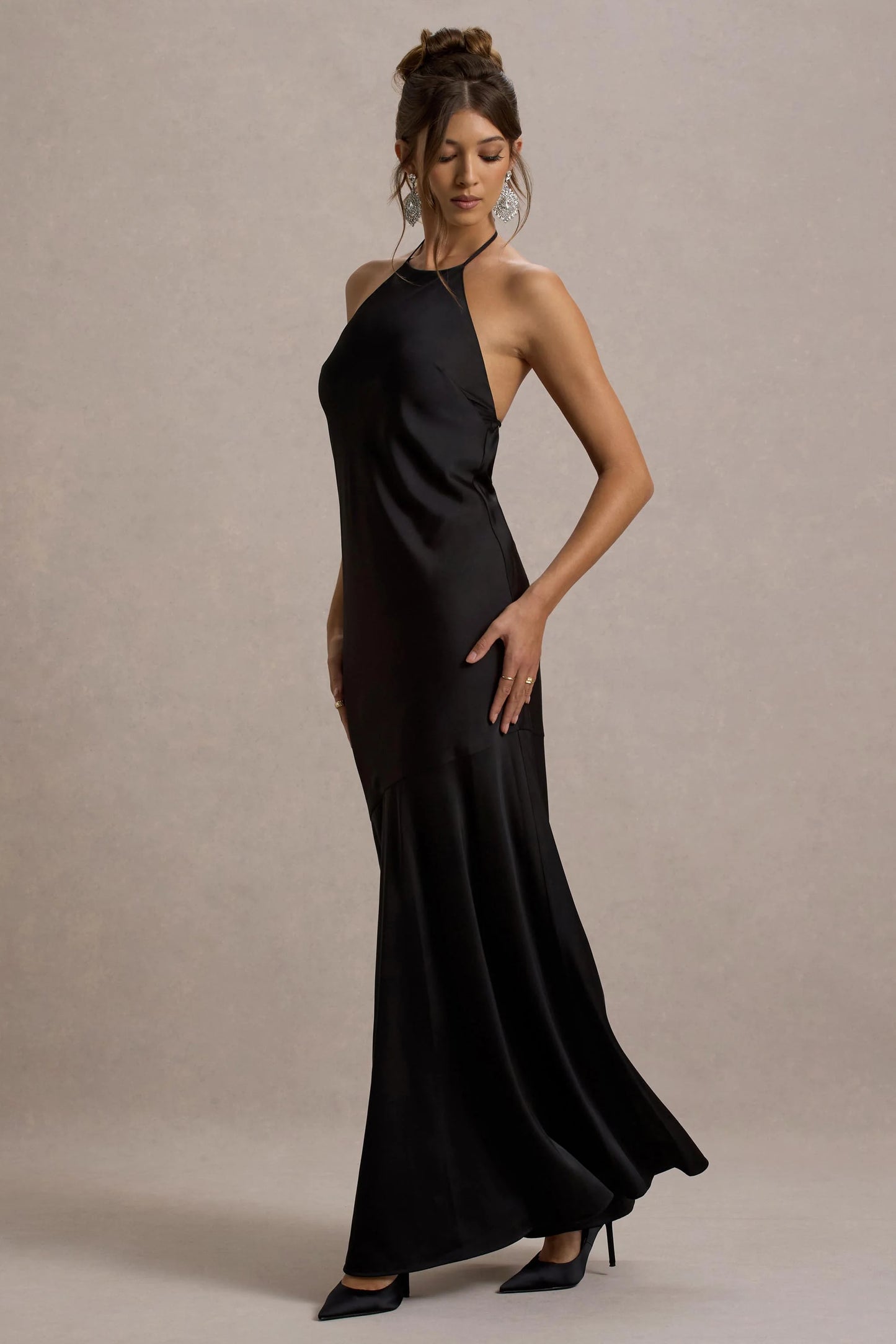 Frida | Black Satin Halter-Neck Backless Maxi Dress