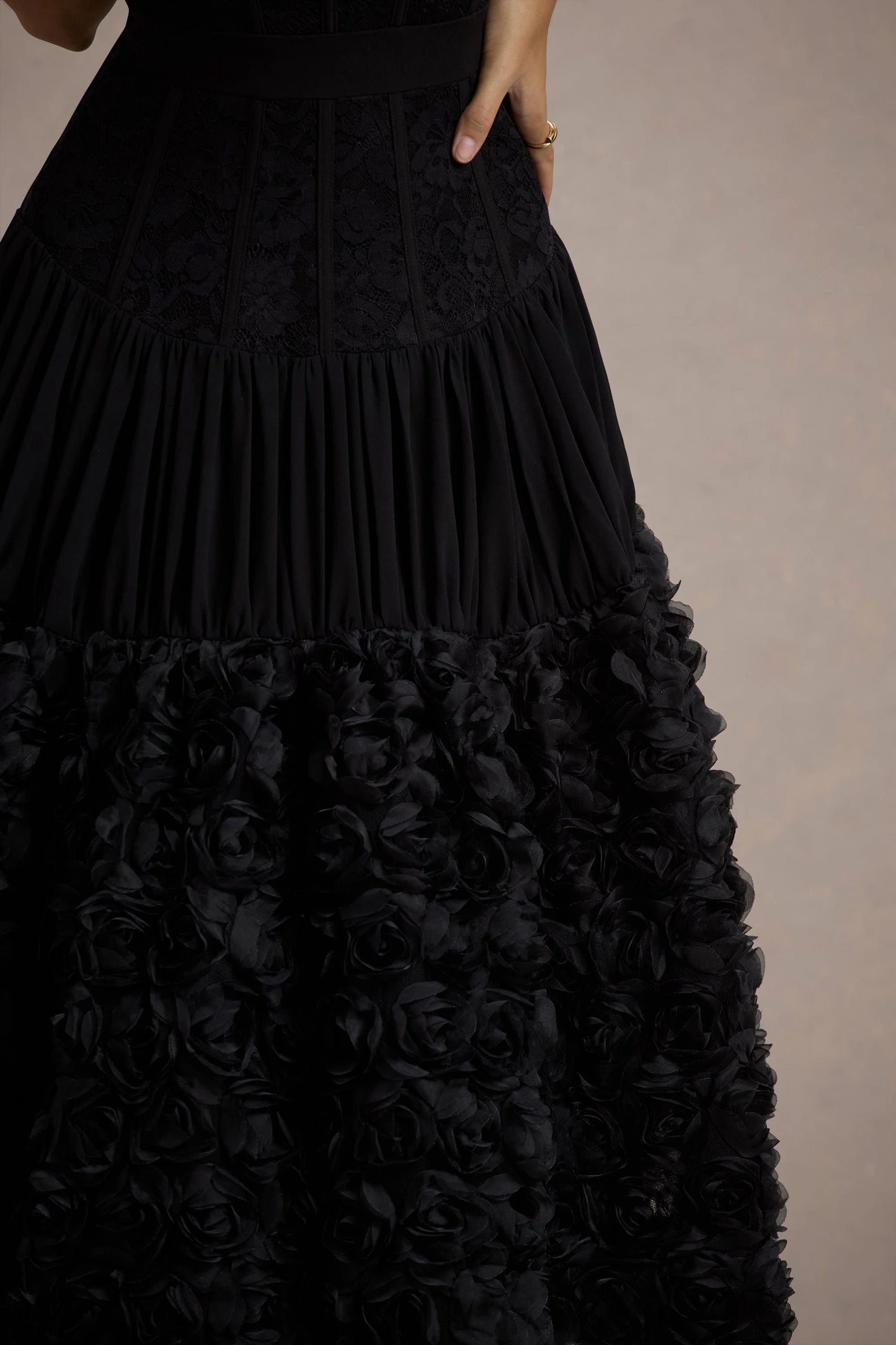 Dame | Black Lace Bandeau Midi Dress With Floral Hem