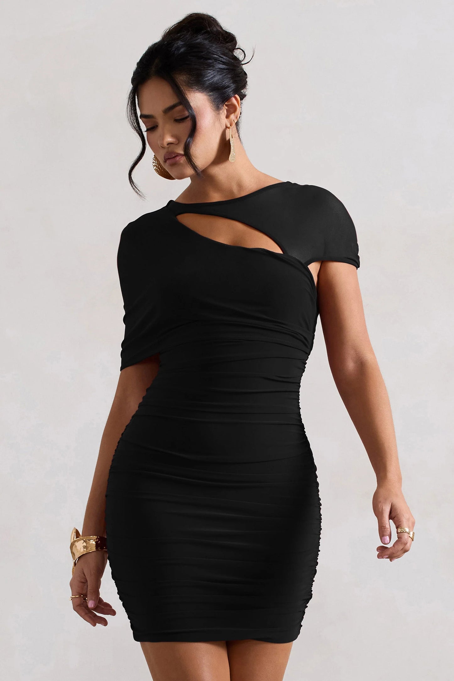 Himalaya | Black Ruched Mini Dress With Mesh Overlay