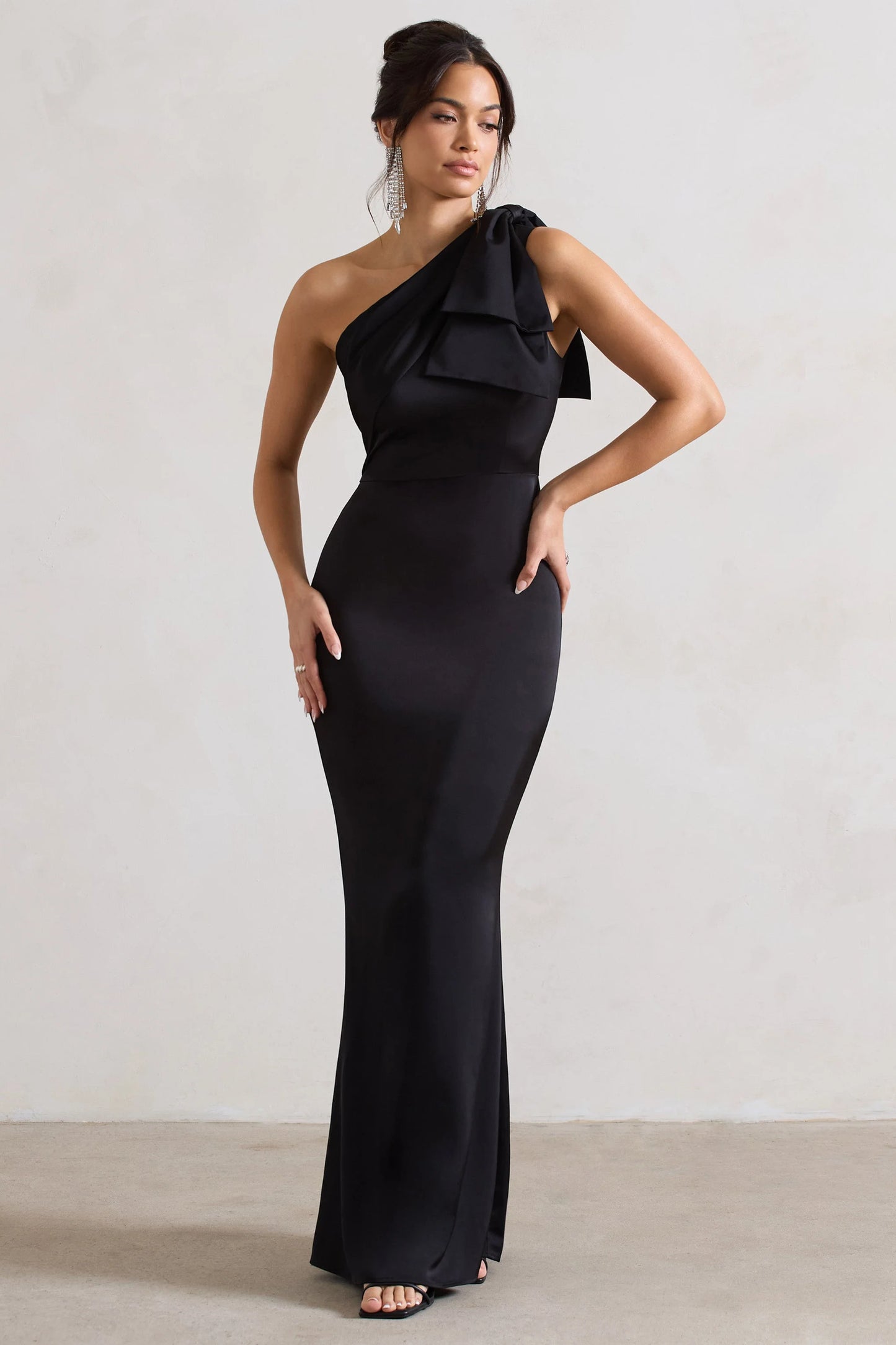 Lady | Black Satin One Shoulder Maxi Dress With Bow