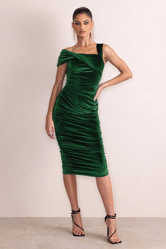 Daniela | Bottle Green Velvet One Shoulder Ruched Midi Dress