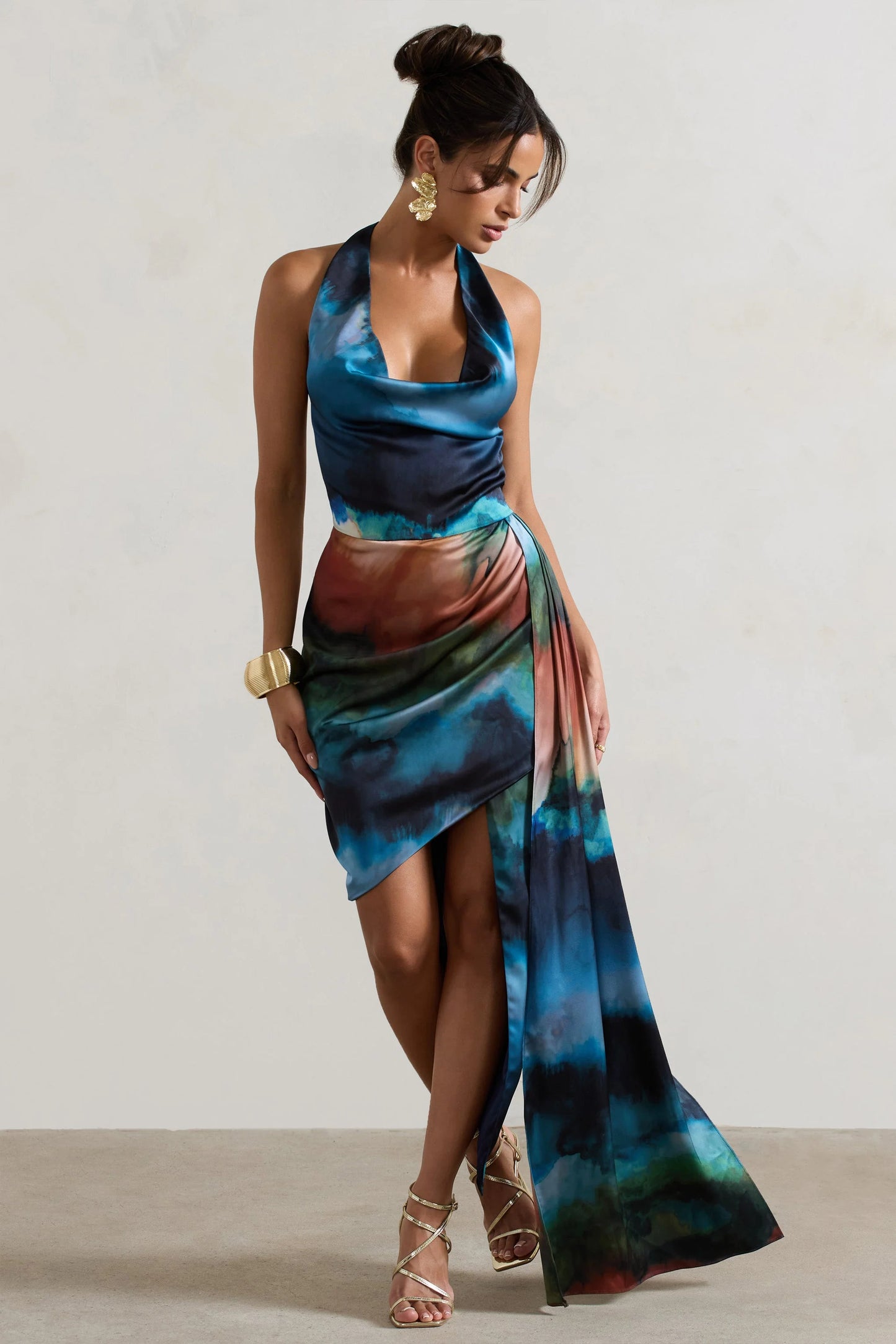 Bali | Blue Blur Print Satin Cowl-Neck Draped Mini Dress