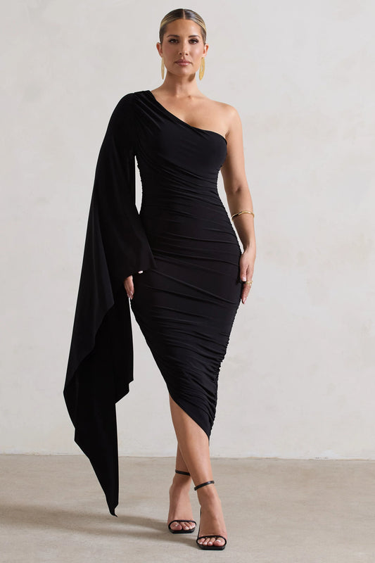 Halsey | Black Ruched One Shoulder Cape Sleeve Asymmetric Midi Dress