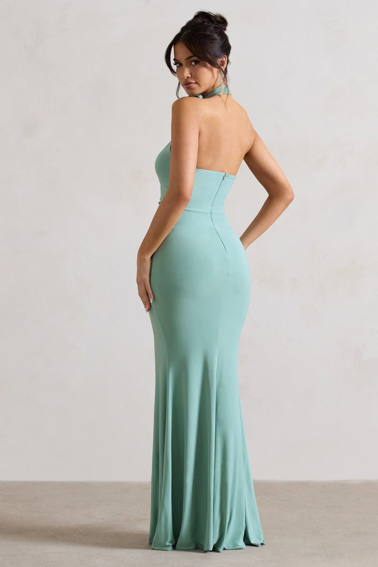 Kira | Sage Halter-Neck Cut-Out Split Maxi Dress With Flowers