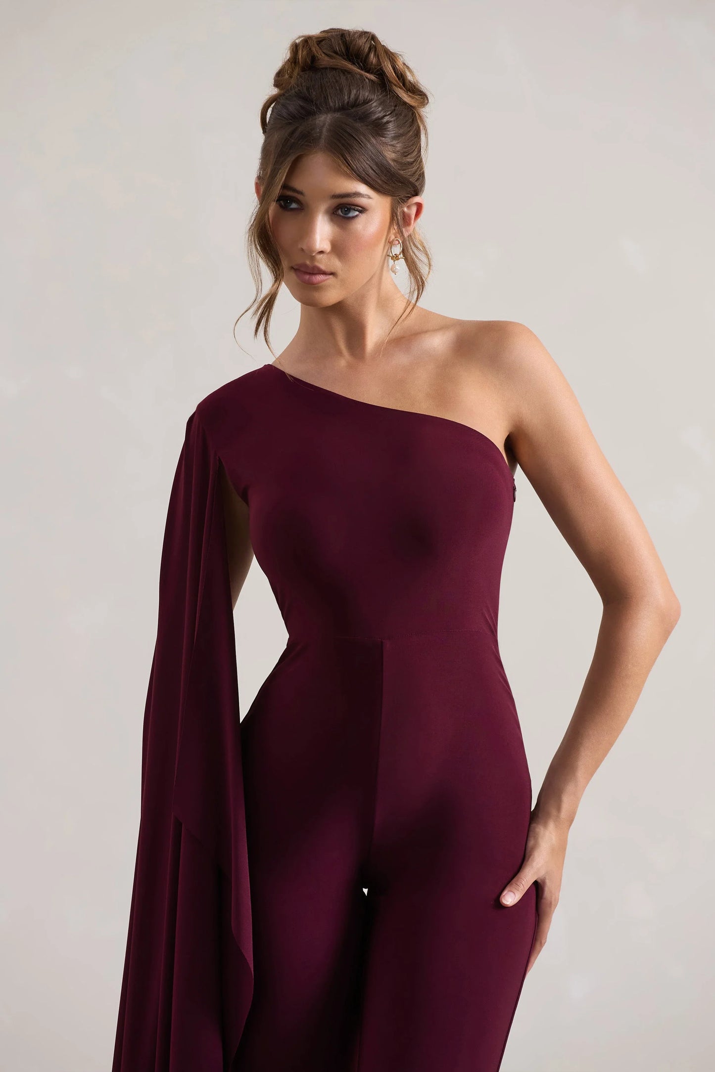 Julie | Plum Asymmetric Flared-Leg Jumpsuit With Cape Sleeve