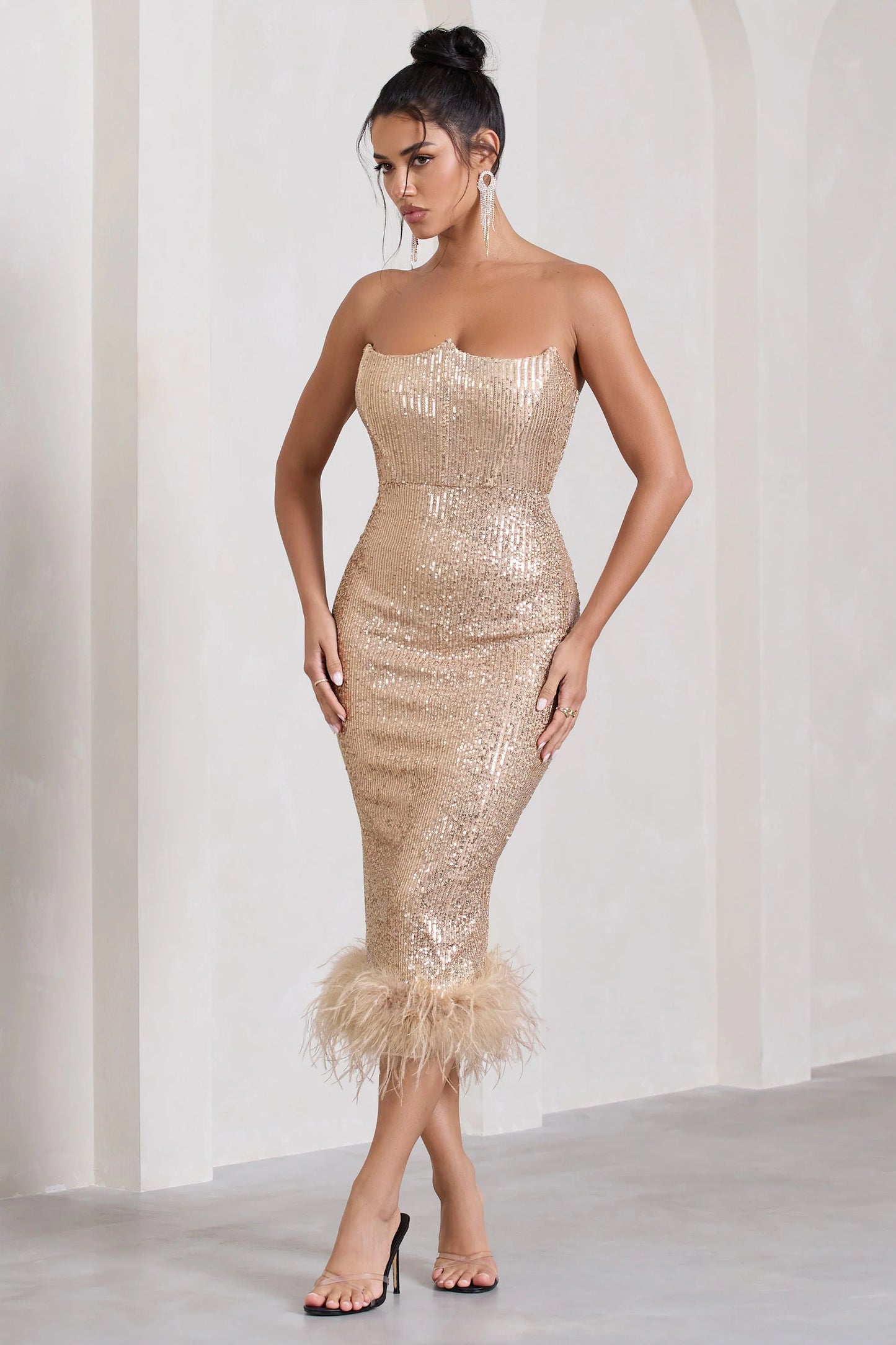 Cherie | Champagne Sequin Corset Midi Dress With Feather Trim