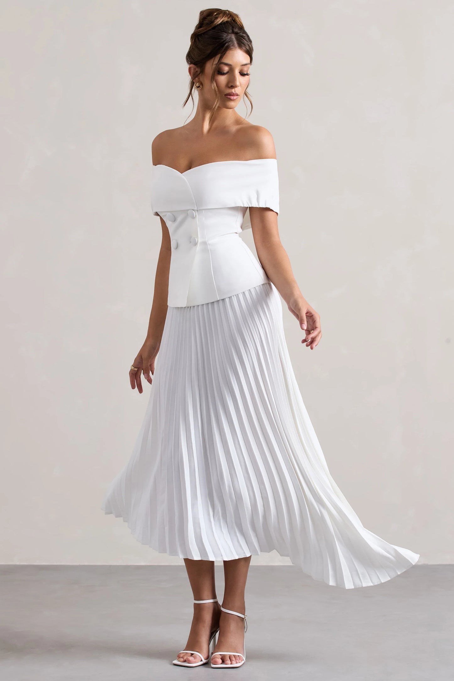 Hattie | White Bardot Tailored Midi Dress With Plisse Skirt