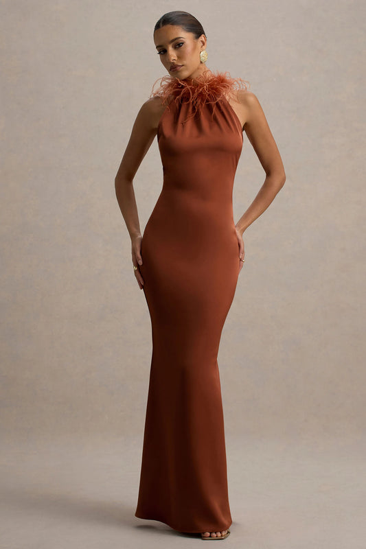 Bianca | Rust Satin Feather-Trim Maxi Dress