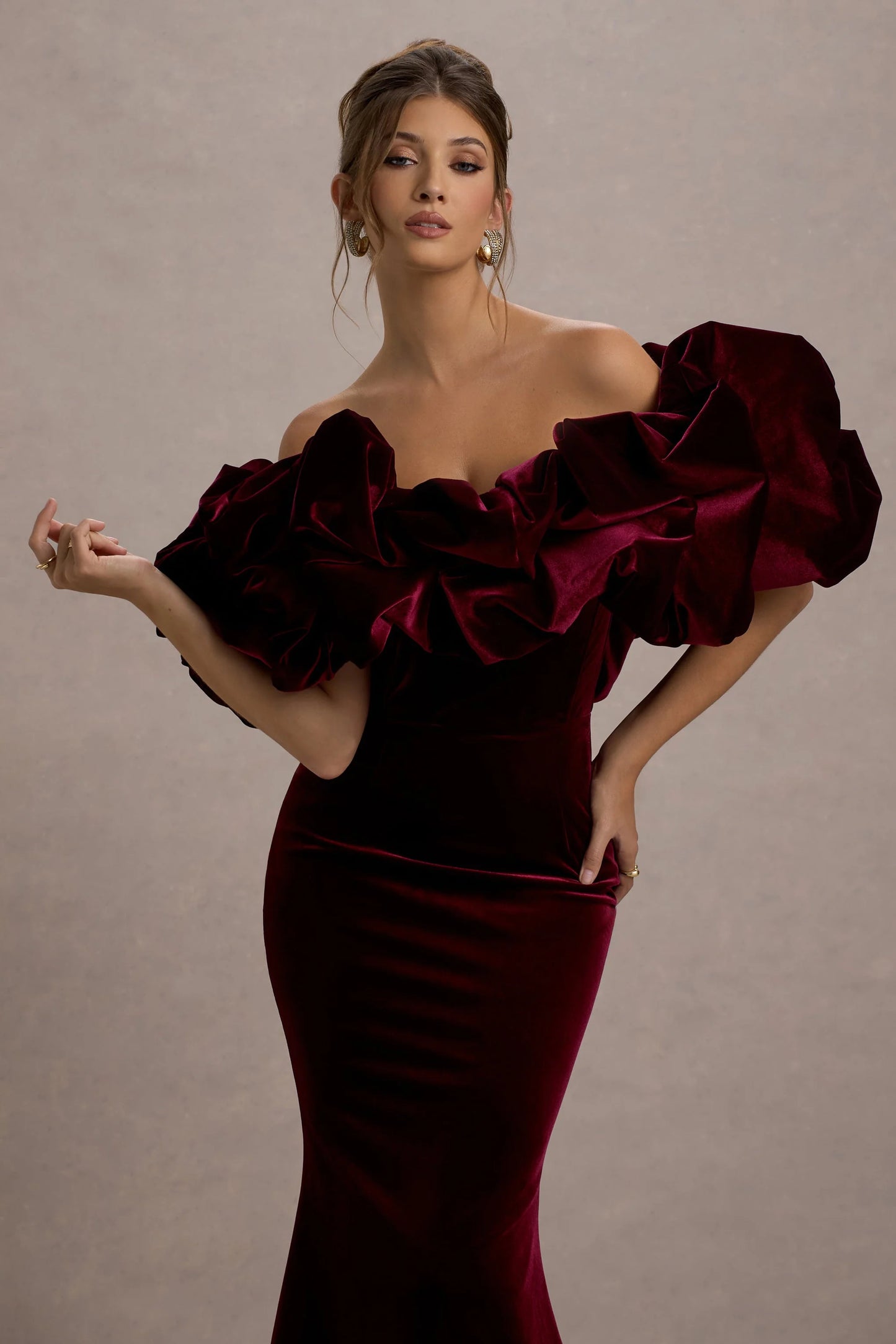 Cecily | Red Velvet Bardot Maxi Dress With Satin Ruffle Trim