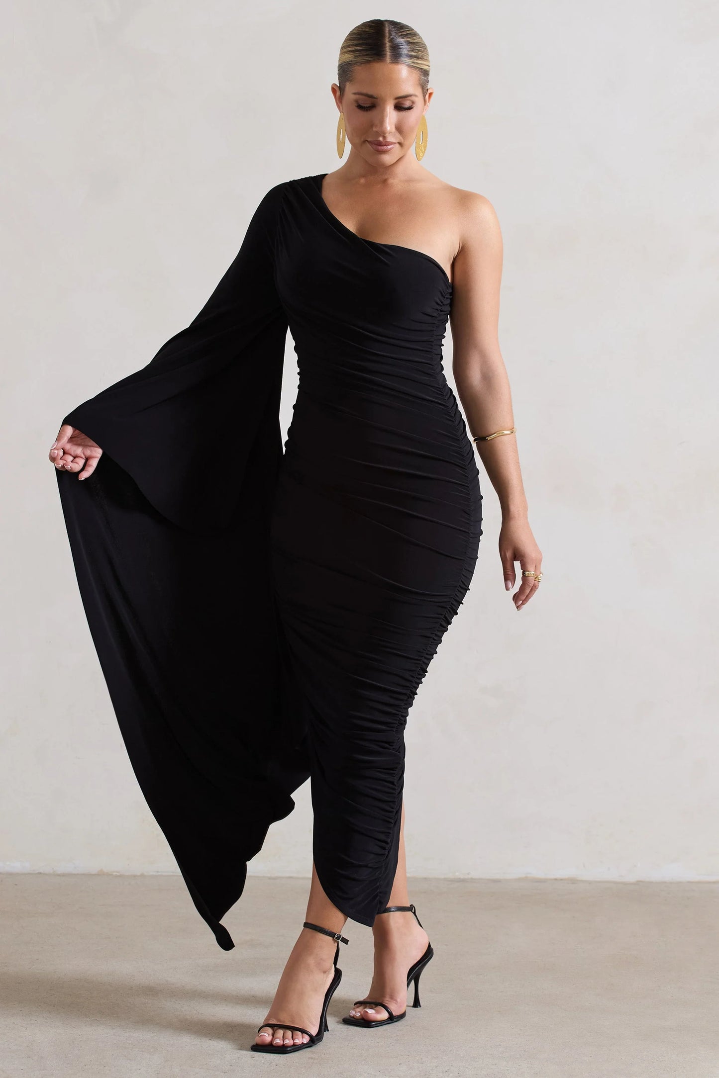 Halsey | Black Ruched One Shoulder Cape Sleeve Asymmetric Midi Dress