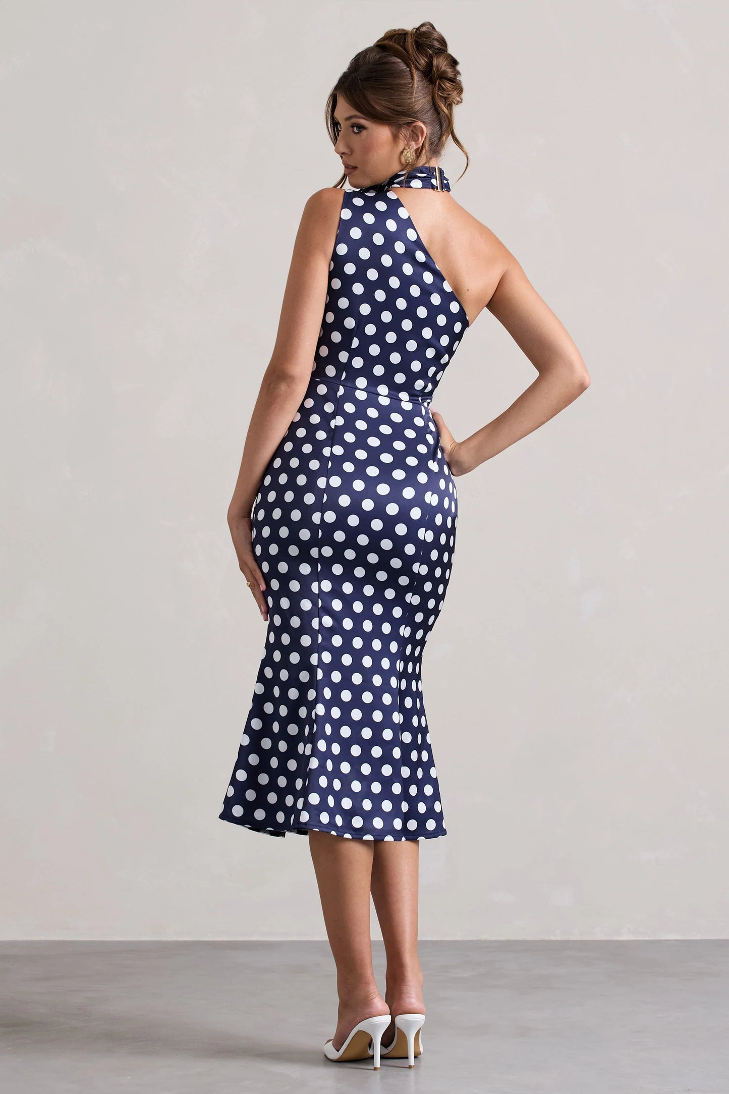 Golden Girl | Navy Polka Dot Asymmetric High-Neck Flared Midi Dress