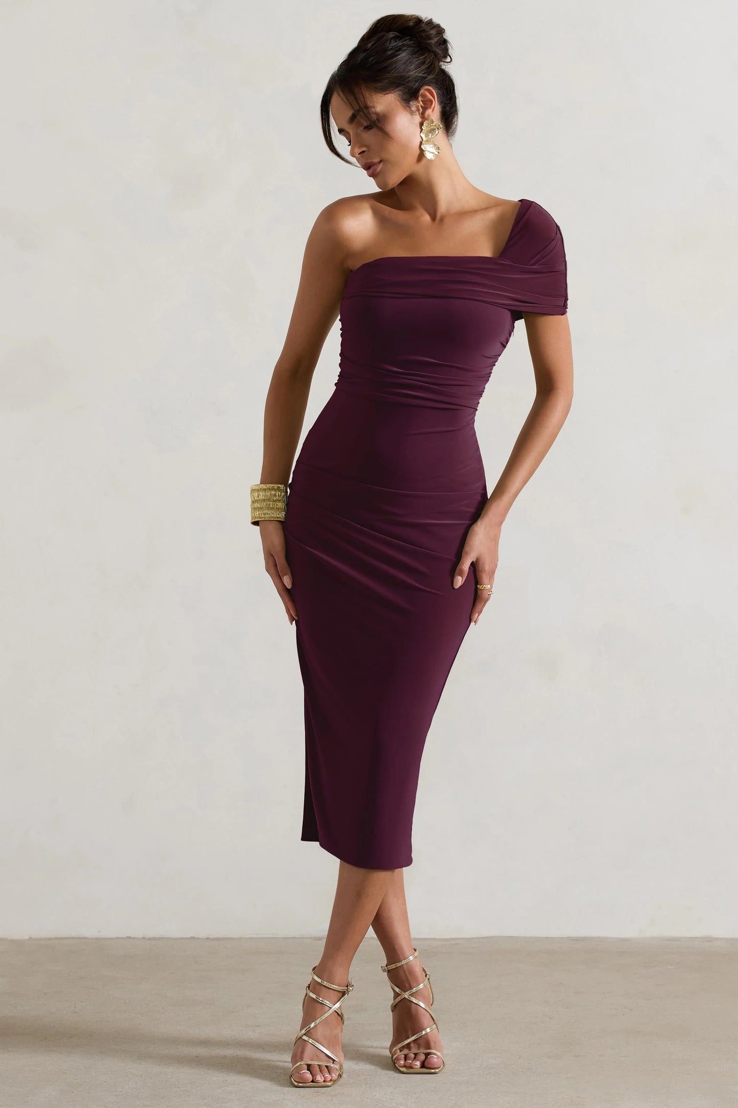 Hawaii | Plum Asymmetric One-Shoulder Split Midi Dress