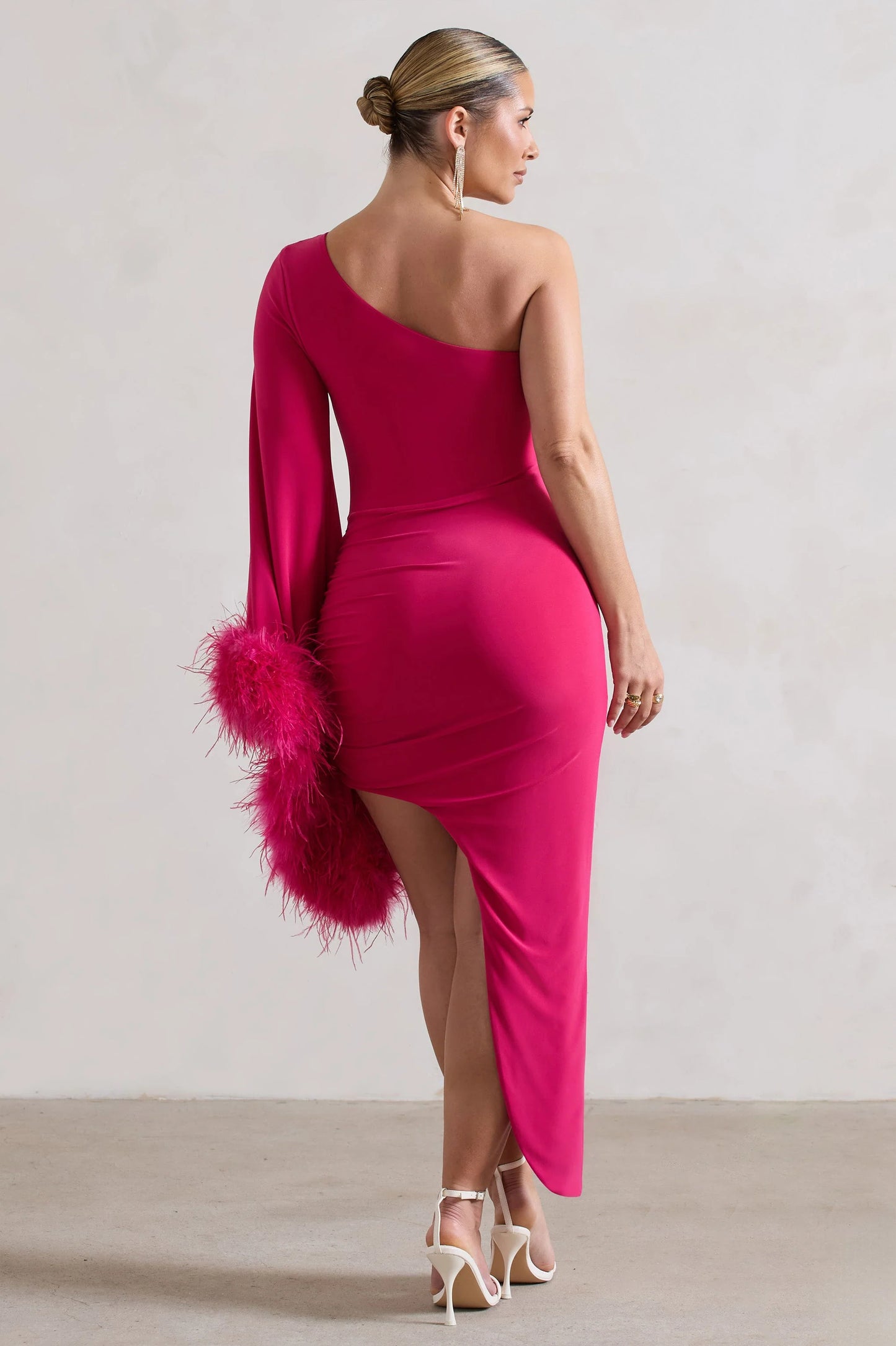 July | Dark Pink Asymmetric One Shoulder Cape Midi Dress With Feathers