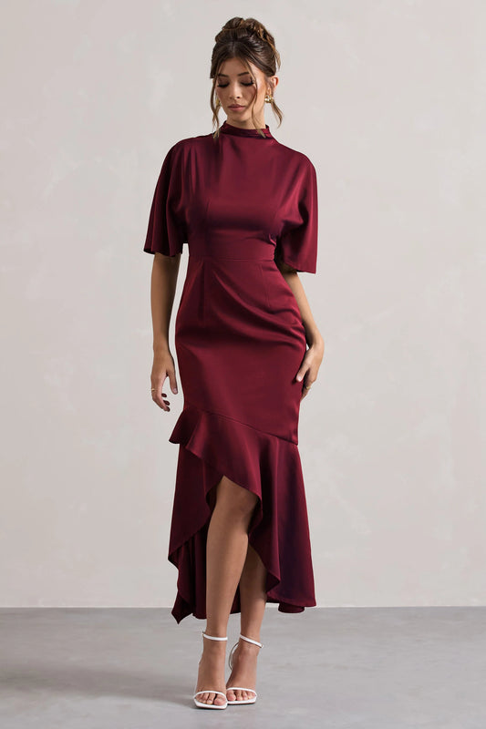 Lavinia | Berry High-Neck Flutter-Sleeve Asymmetric Maxi Dress