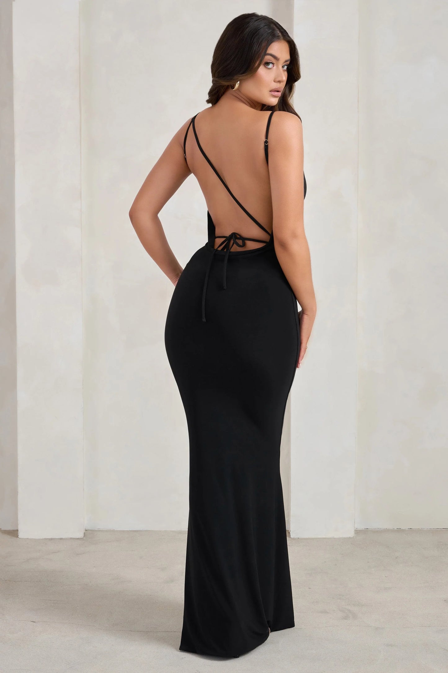 Corinne | Black Asymmetric Cowl Neck Backless Maxi Dress