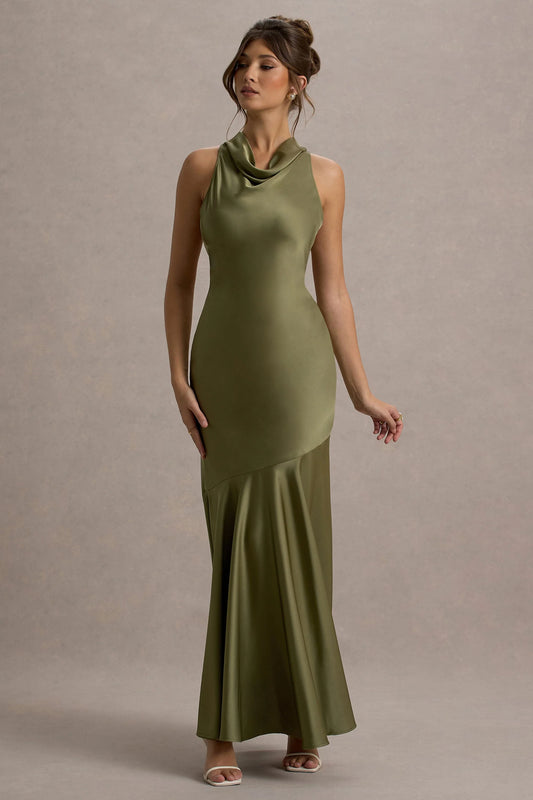 Amelita | Khaki Satin Cowl-Neck Maxi Dress