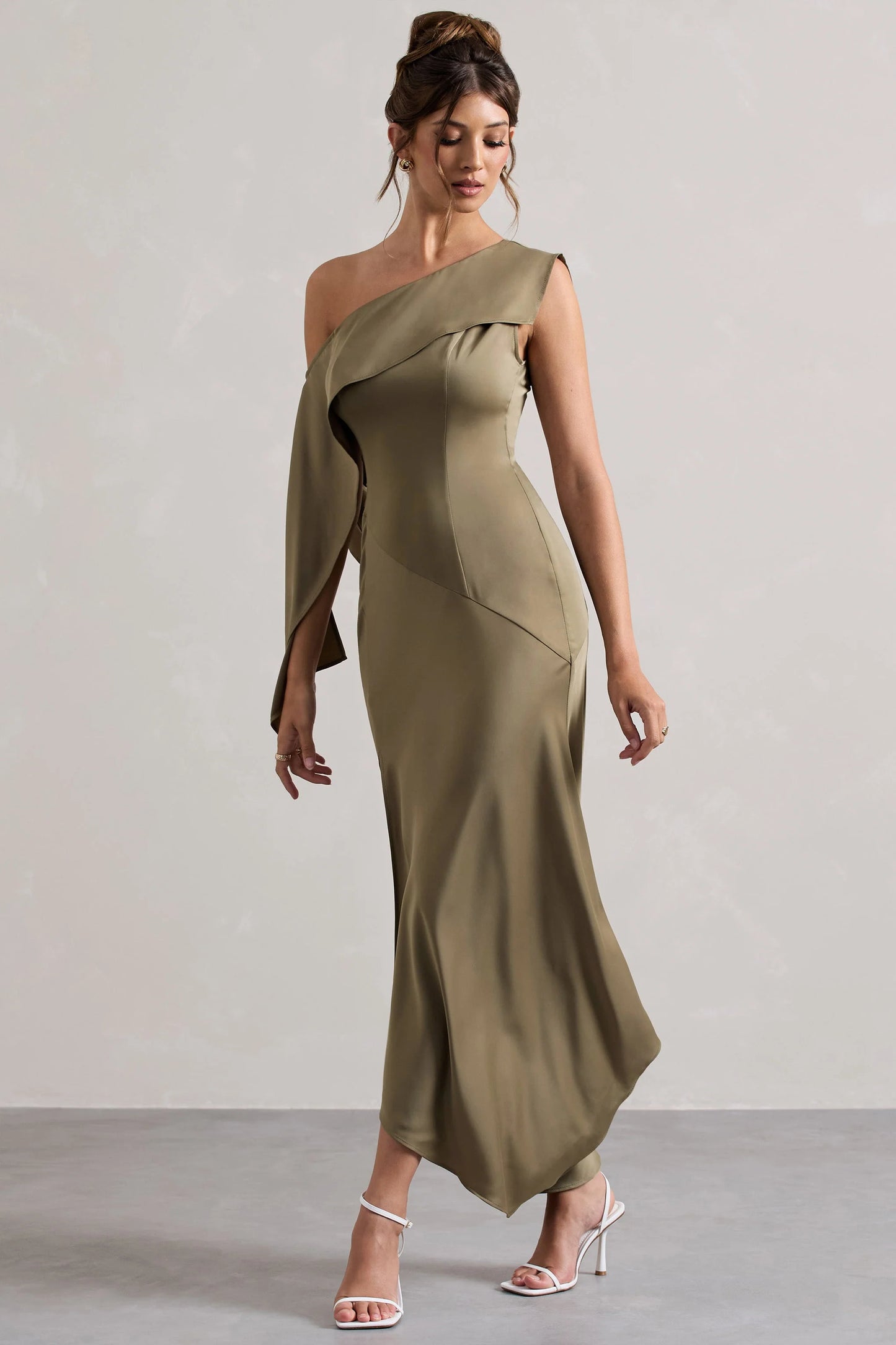 Freesia | Olive Satin Asymmetric Draped Split Maxi Dress