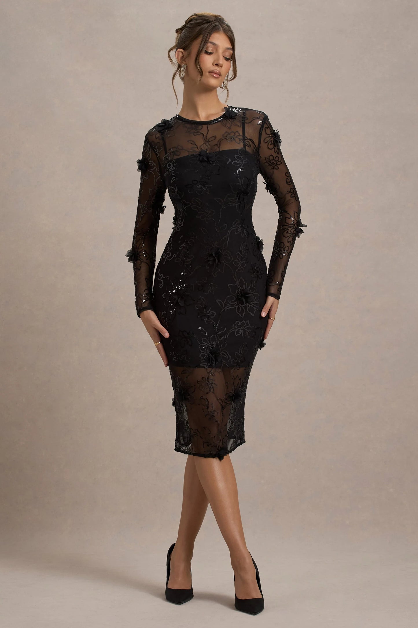 Intimate | Black Sequin Sheer Midi Dress With Flowers