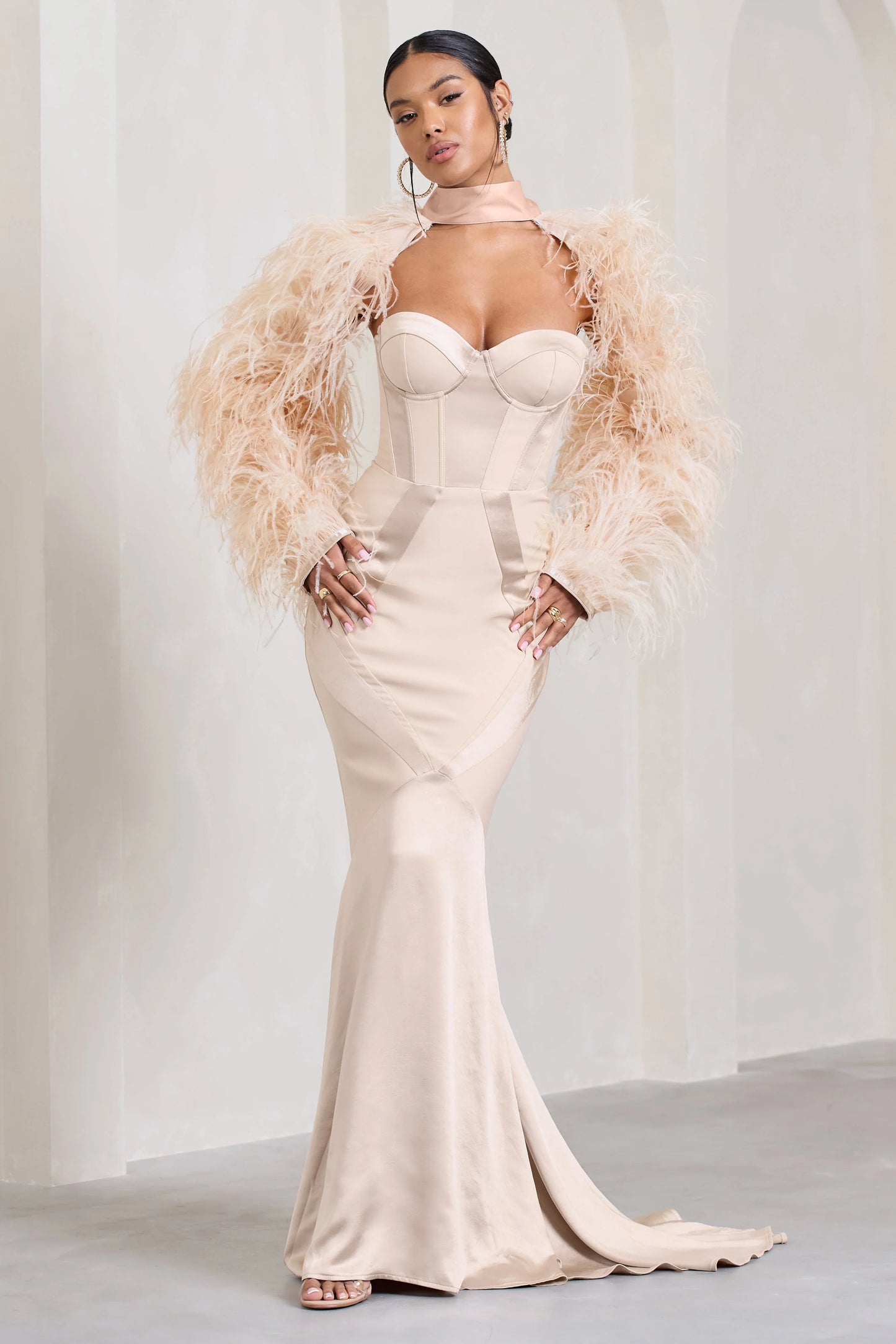 Custom | Champagne Satin Sweetheart Corset Fishtail Maxi Dress