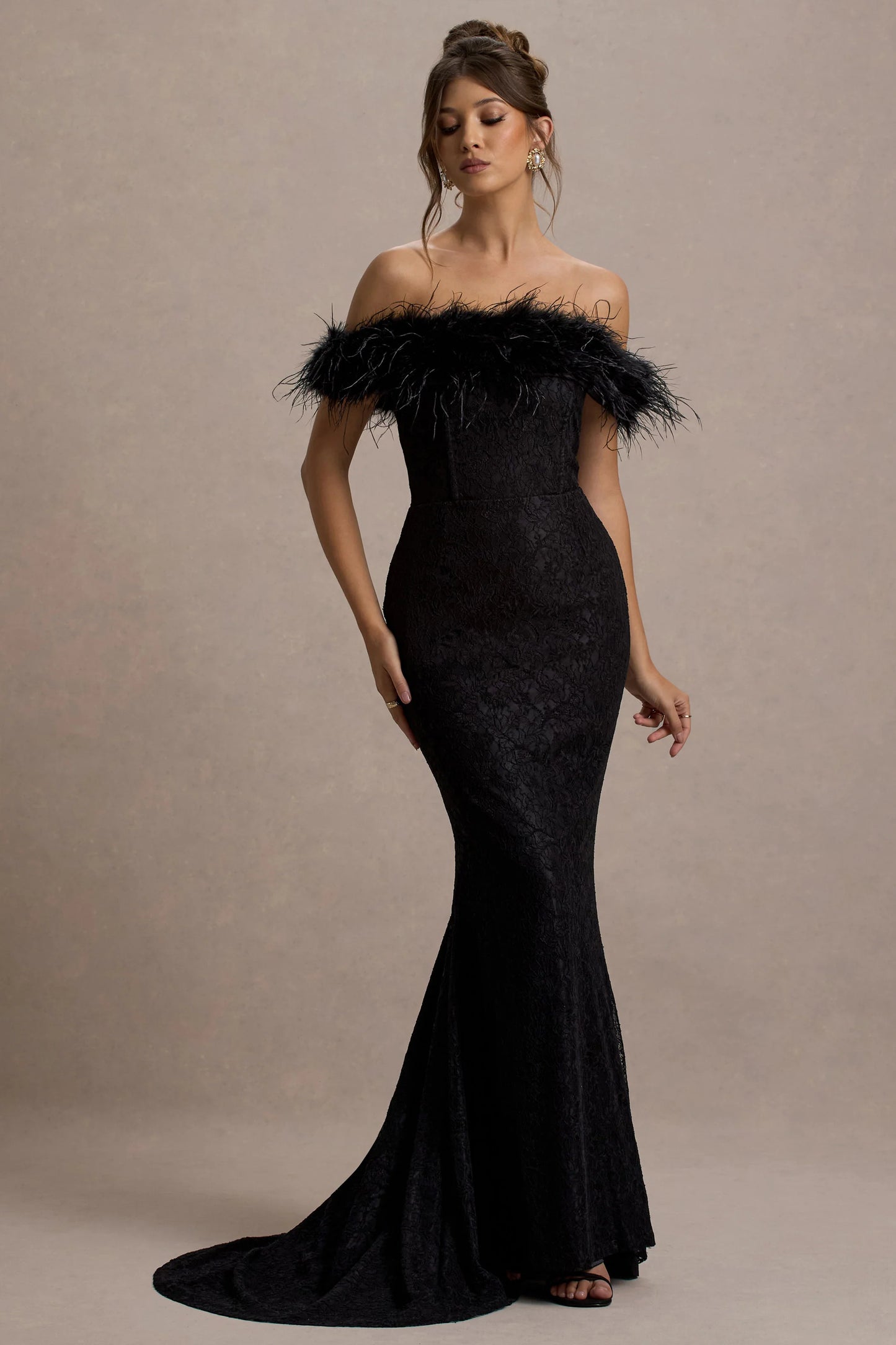 Idyll | Black Lace Bardot Feather Fishtail Maxi Dress