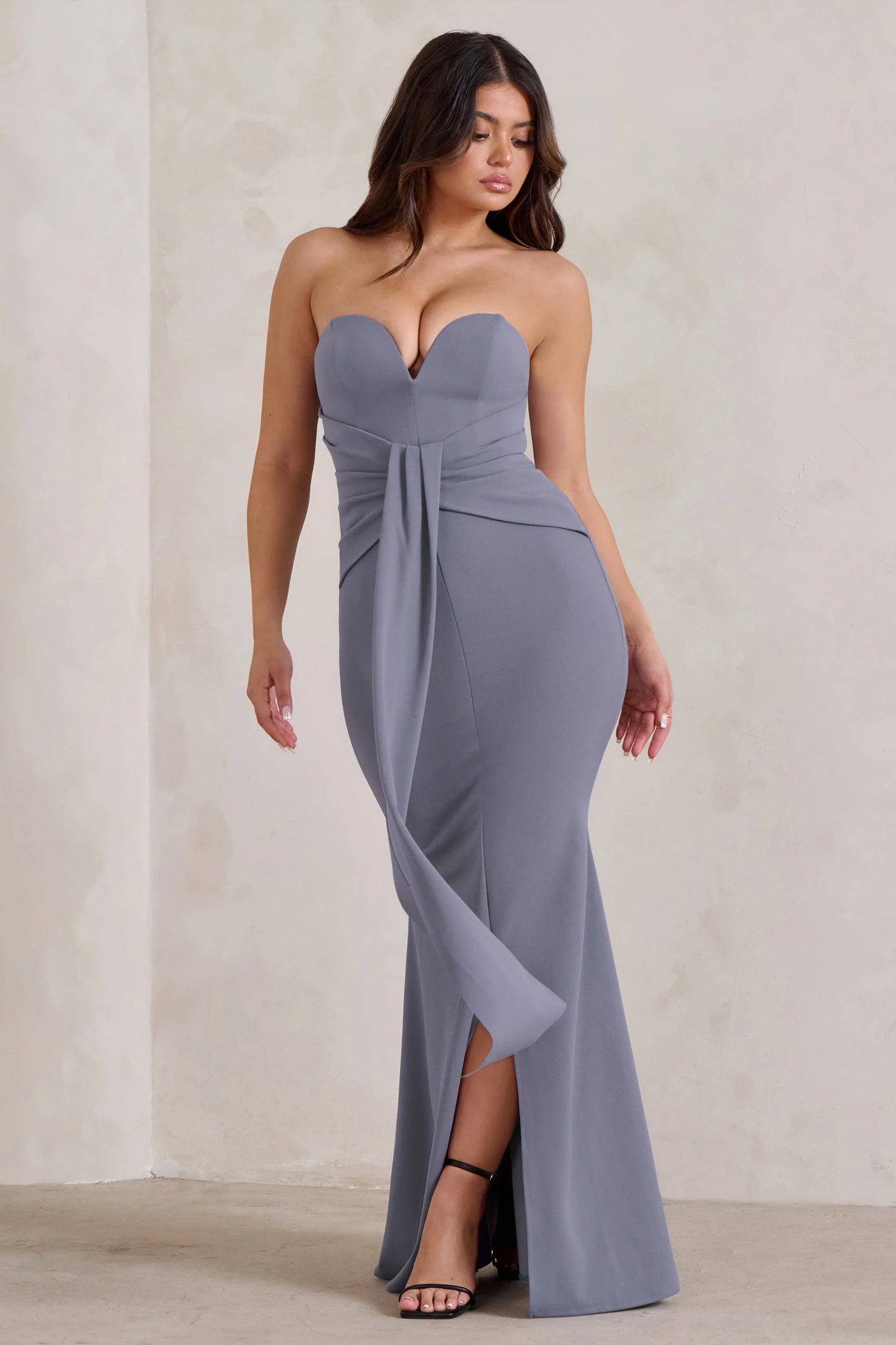 Carrie | Grey Sweetheart Neckline Maxi Dress With Statement Tie