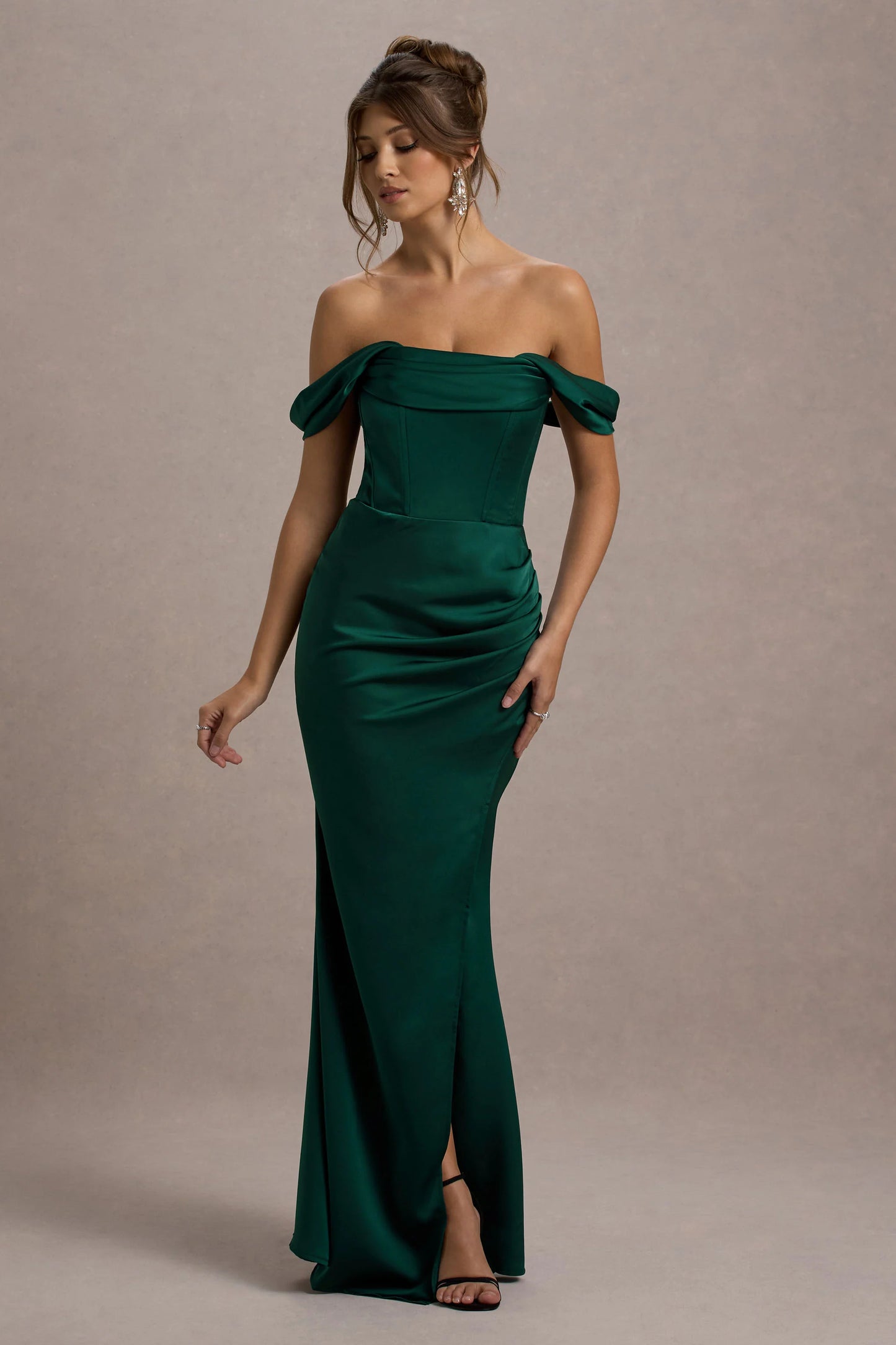 Kimberly | Bottle Green Bardot  Satin Maxi Dress