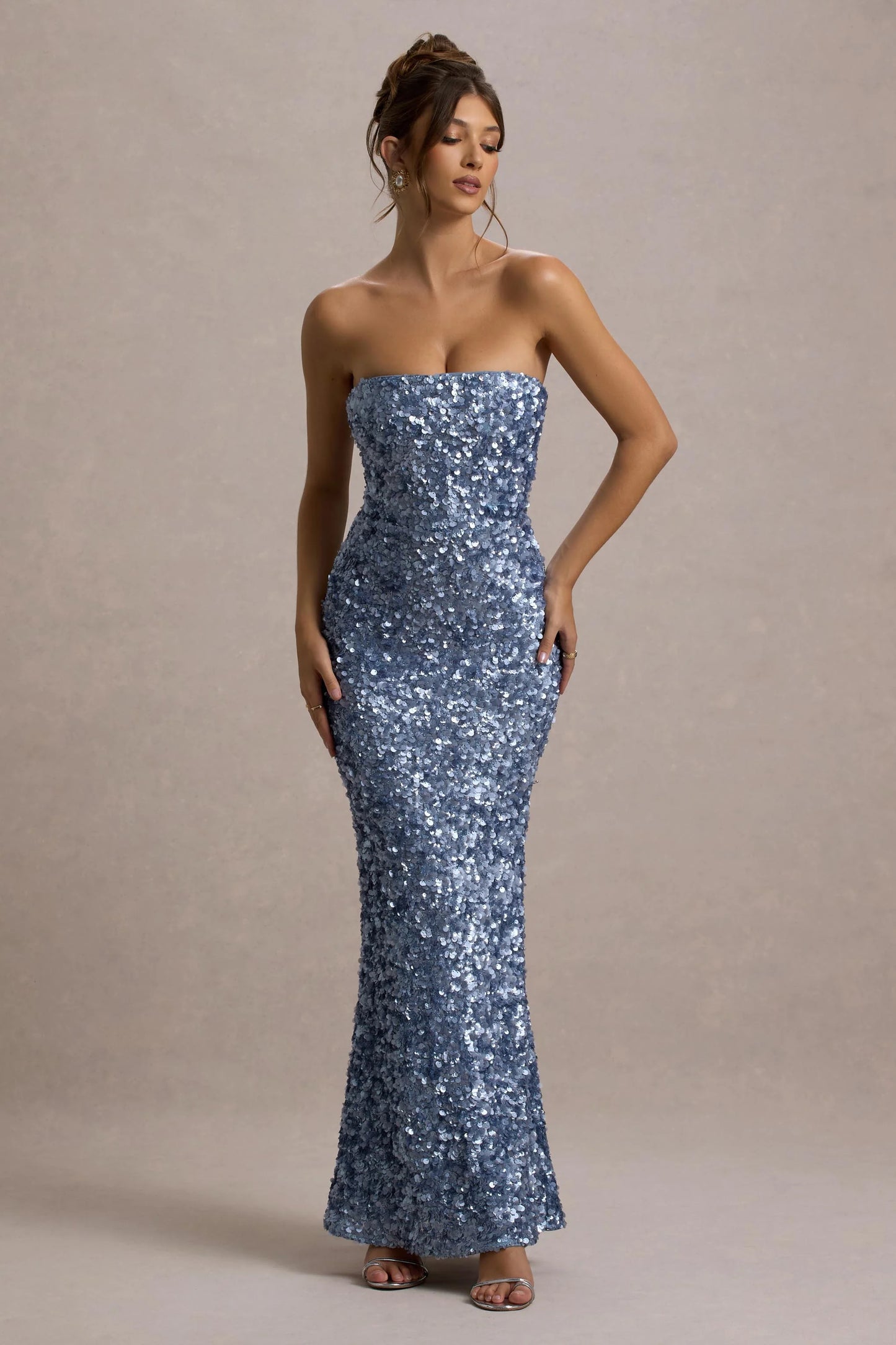 Evabeth | Powder Blue Sequin Strapless Maxi Dress