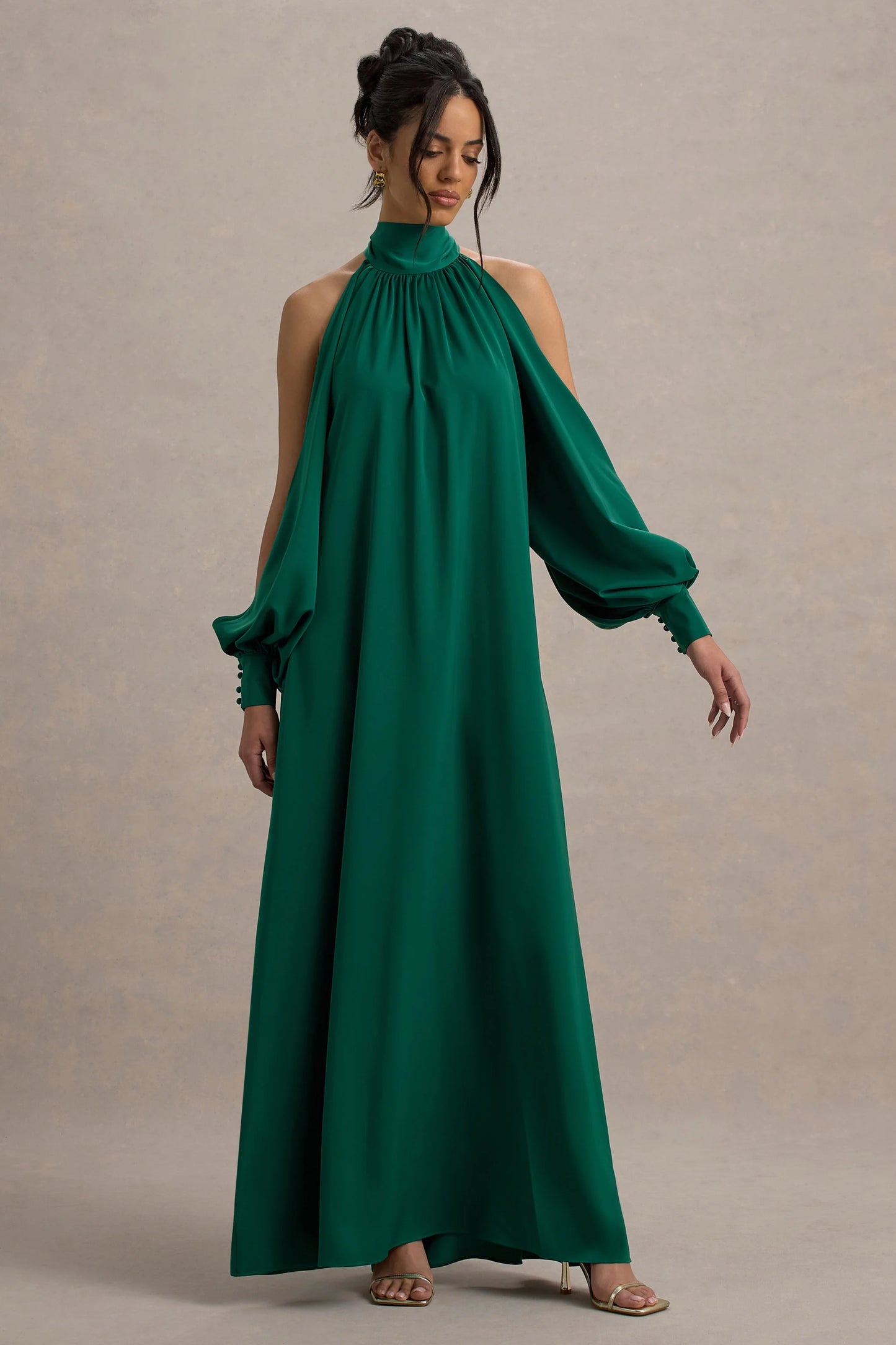 Baila | Bottle Green Satin High-Neck Cape-Sleeve Maxi Dress