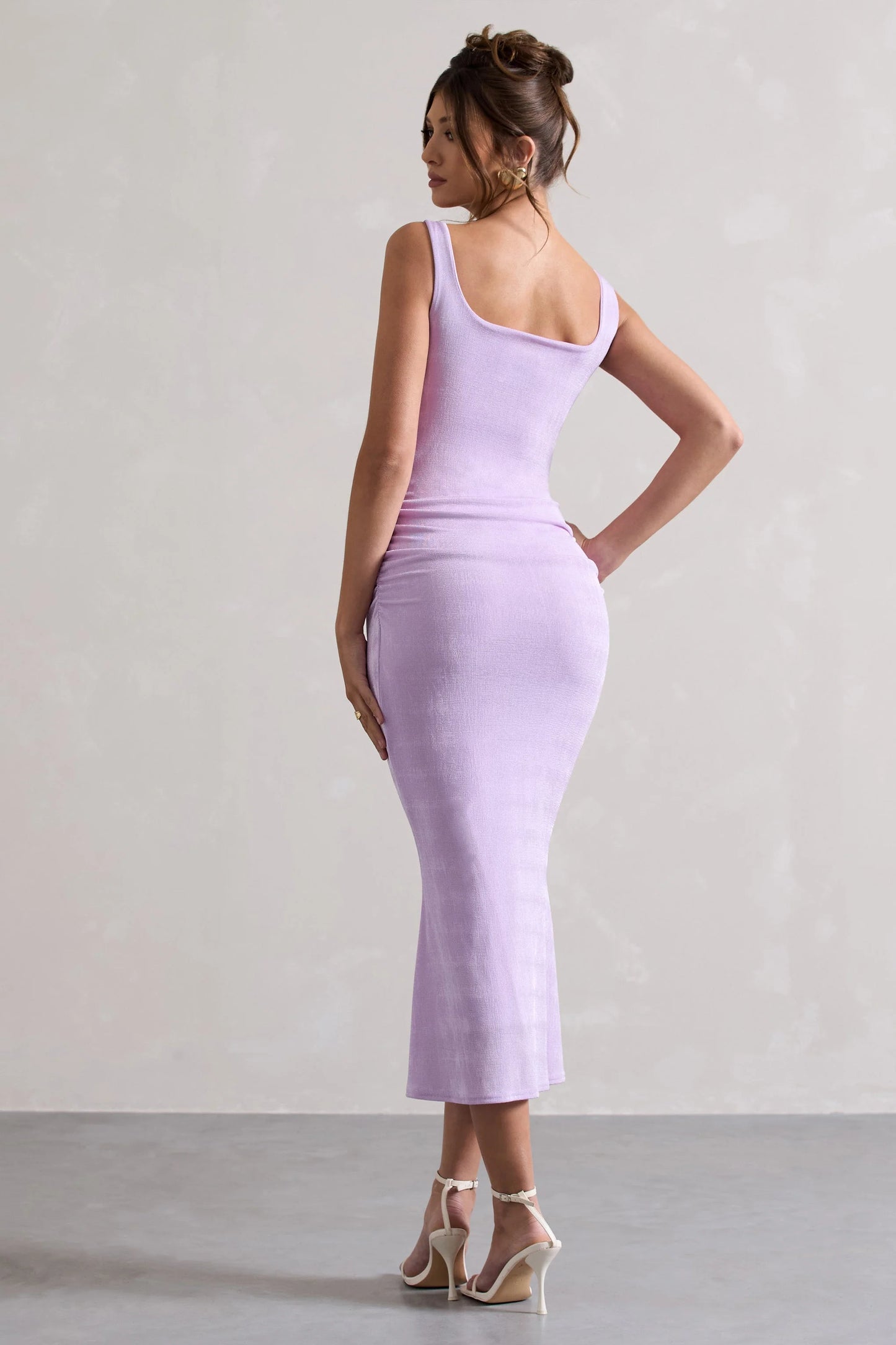 Evora | Lilac Ruched Square-Neck  Midi Dress