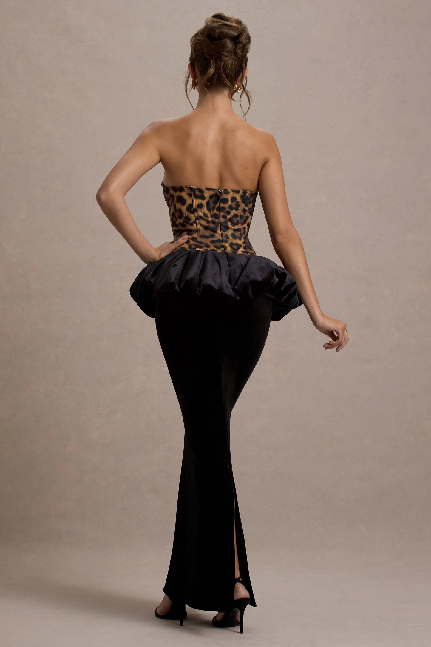 Harriette | Leopard Print Bandeau Maxi Dress With Black Velvet Peplum Skirt