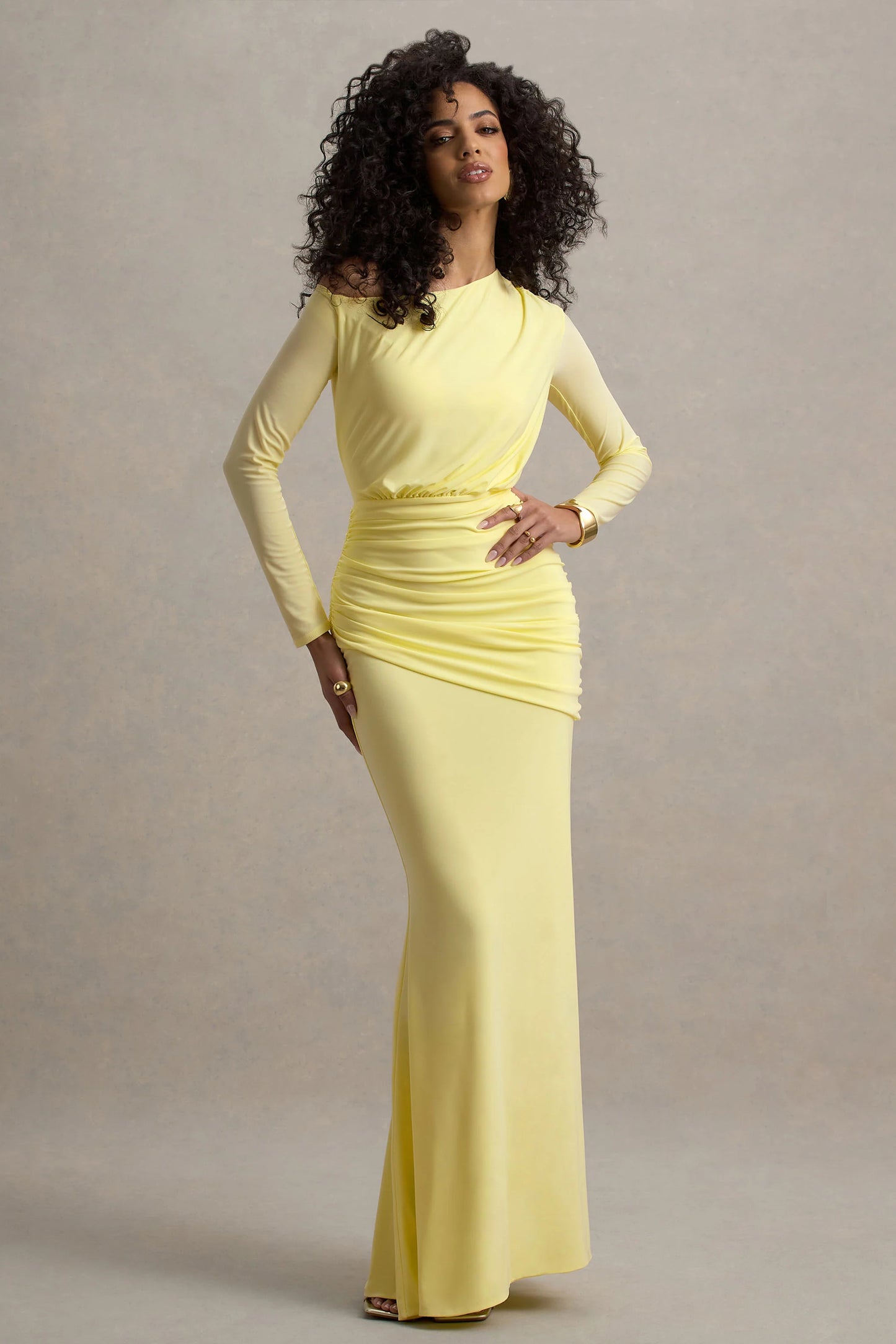 Deanna | Lemon Asymmetric Long-Sleeve Ruched Maxi Dress