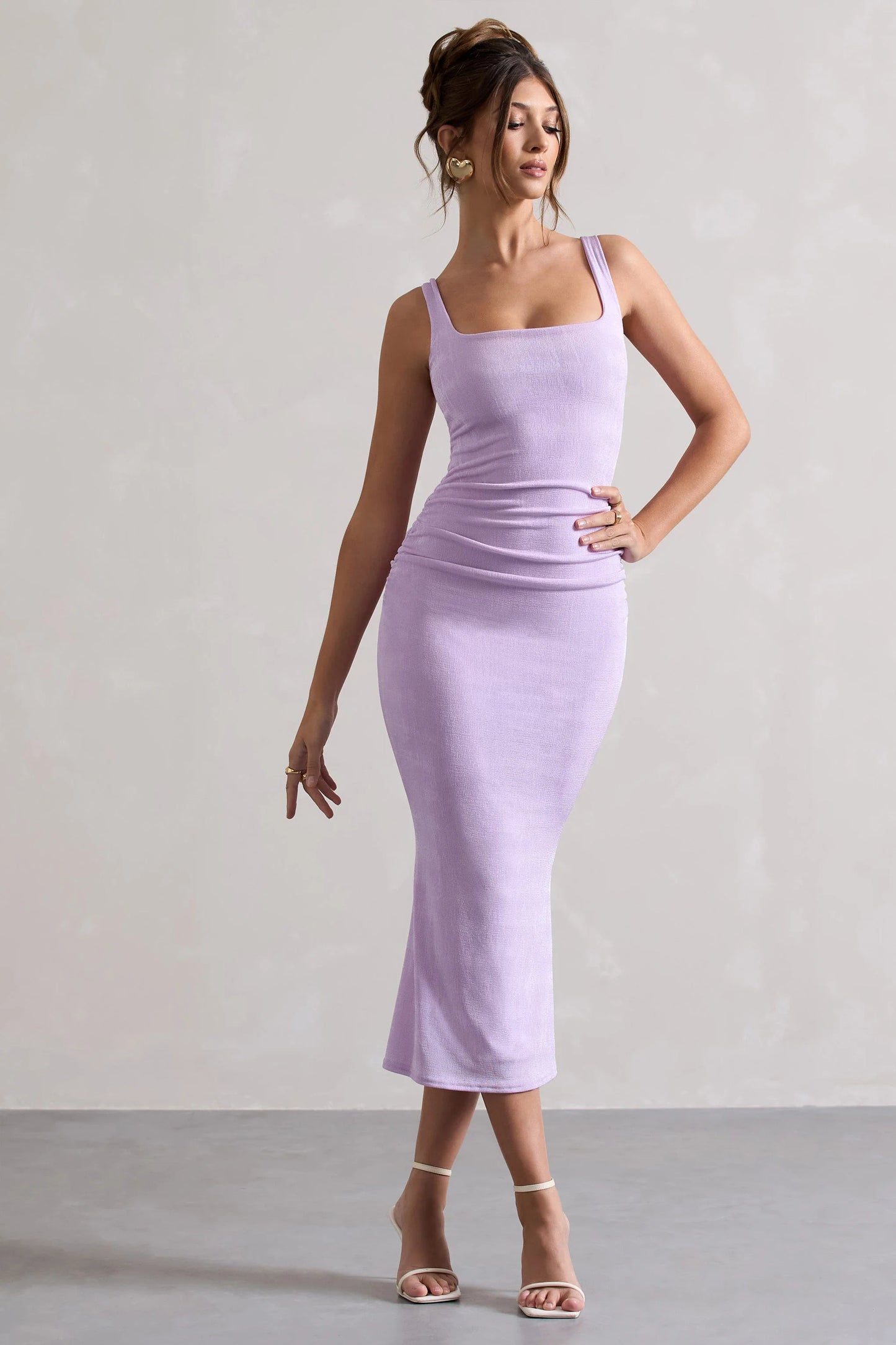 Evora | Lilac Ruched Square-Neck  Midi Dress