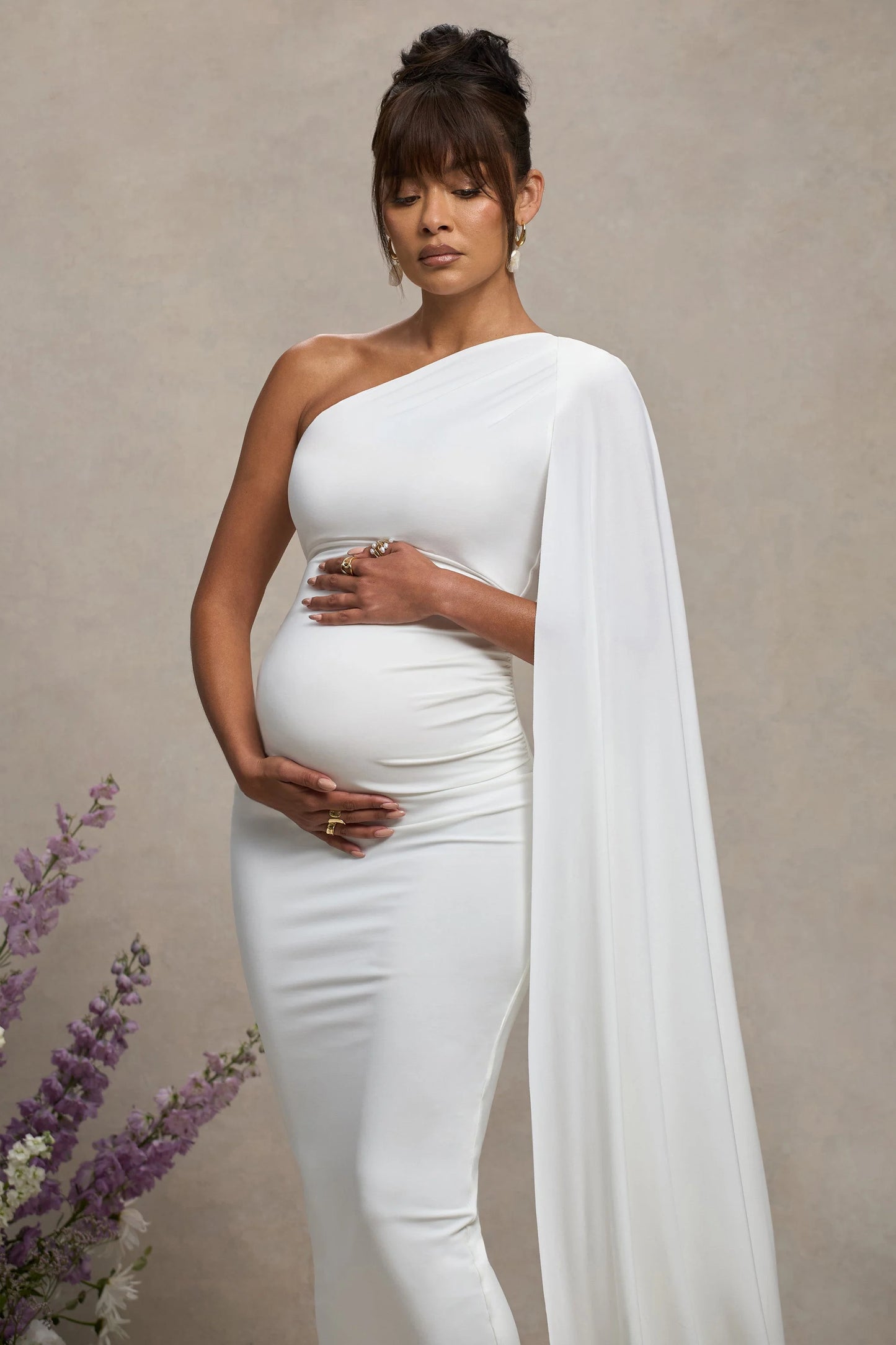 Amaryllis | White Maternity One Shoulder Maxi Dress with Cape Sleeve