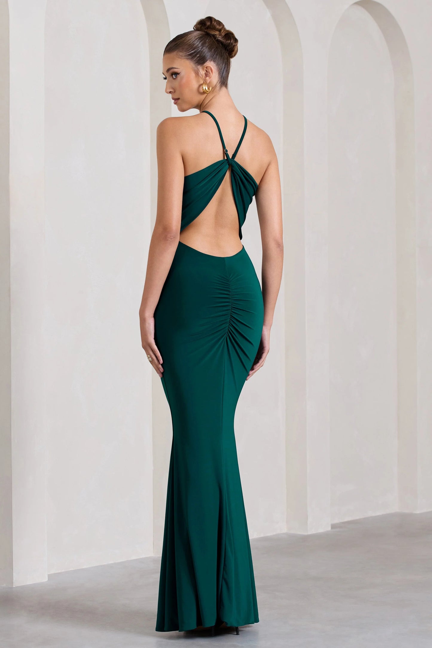 Brianna | Bottle Green Sleeveless Halter-Neck Open-Back Maxi Dress