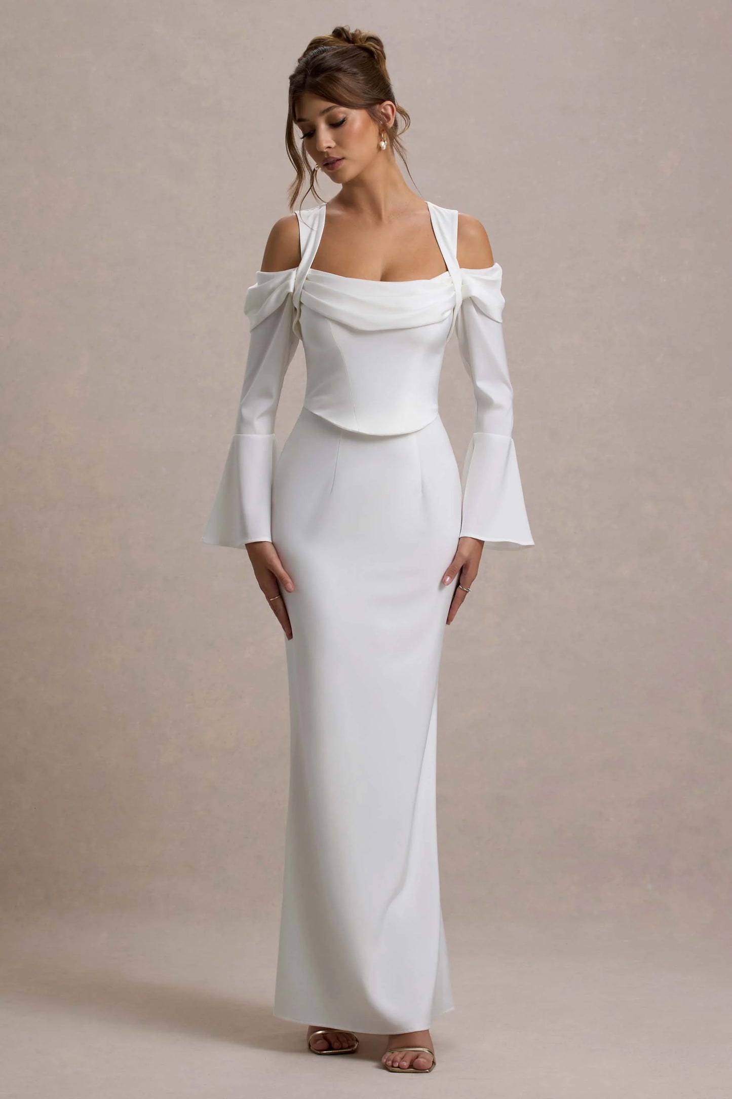 Heartthrob | Ivory Satin Draped Bardot Maxi Dress