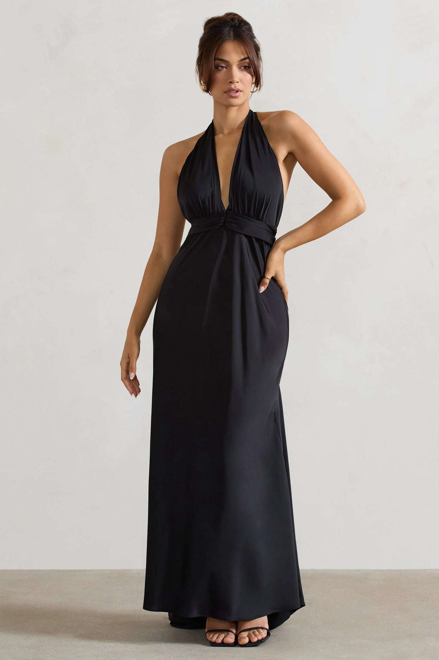 Carolyn | Black Satin Plunge Maxi Dress With Dipped Hem