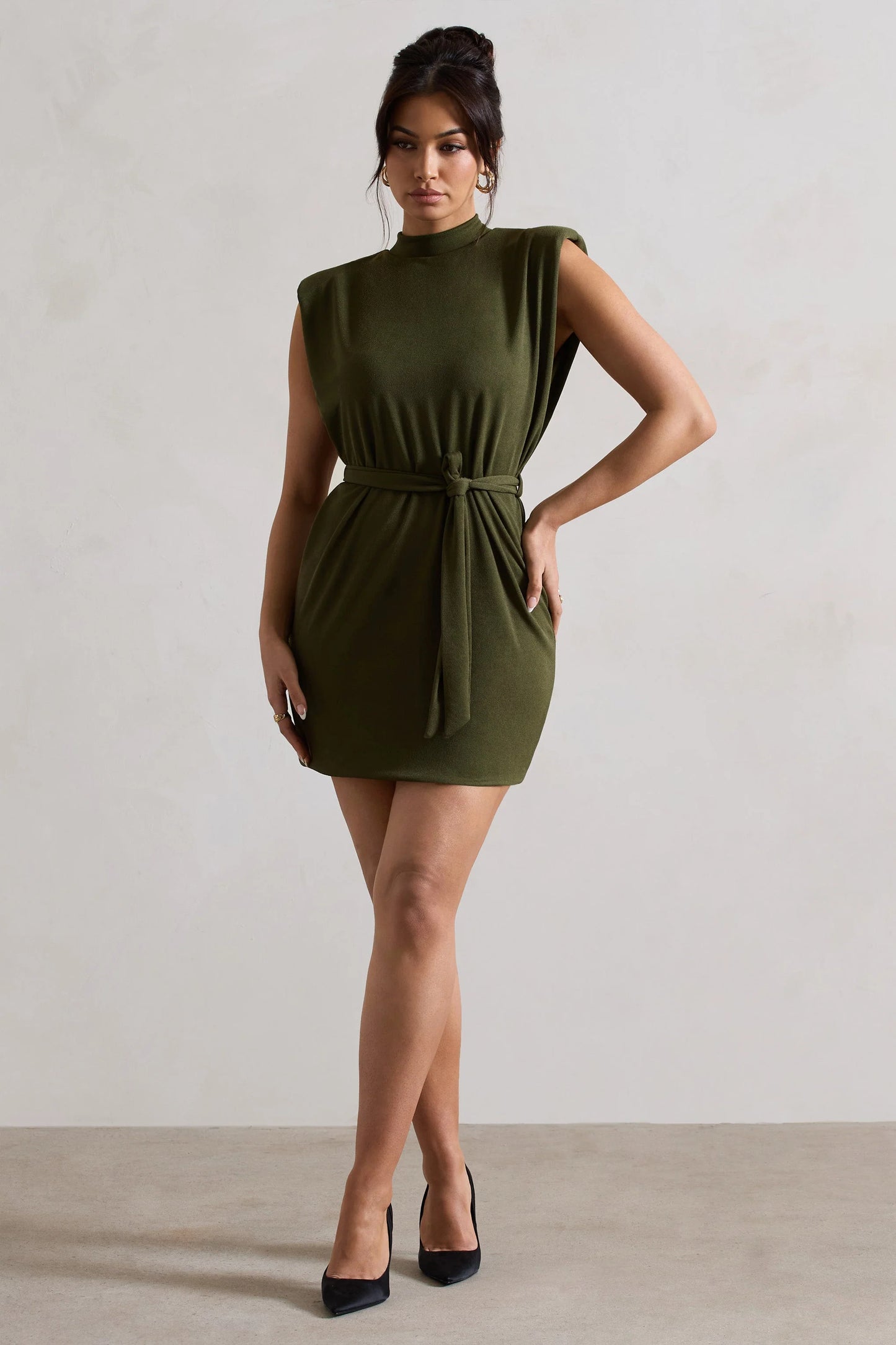 Asher | Olive High-Neck Mini Dress With Tie Waist