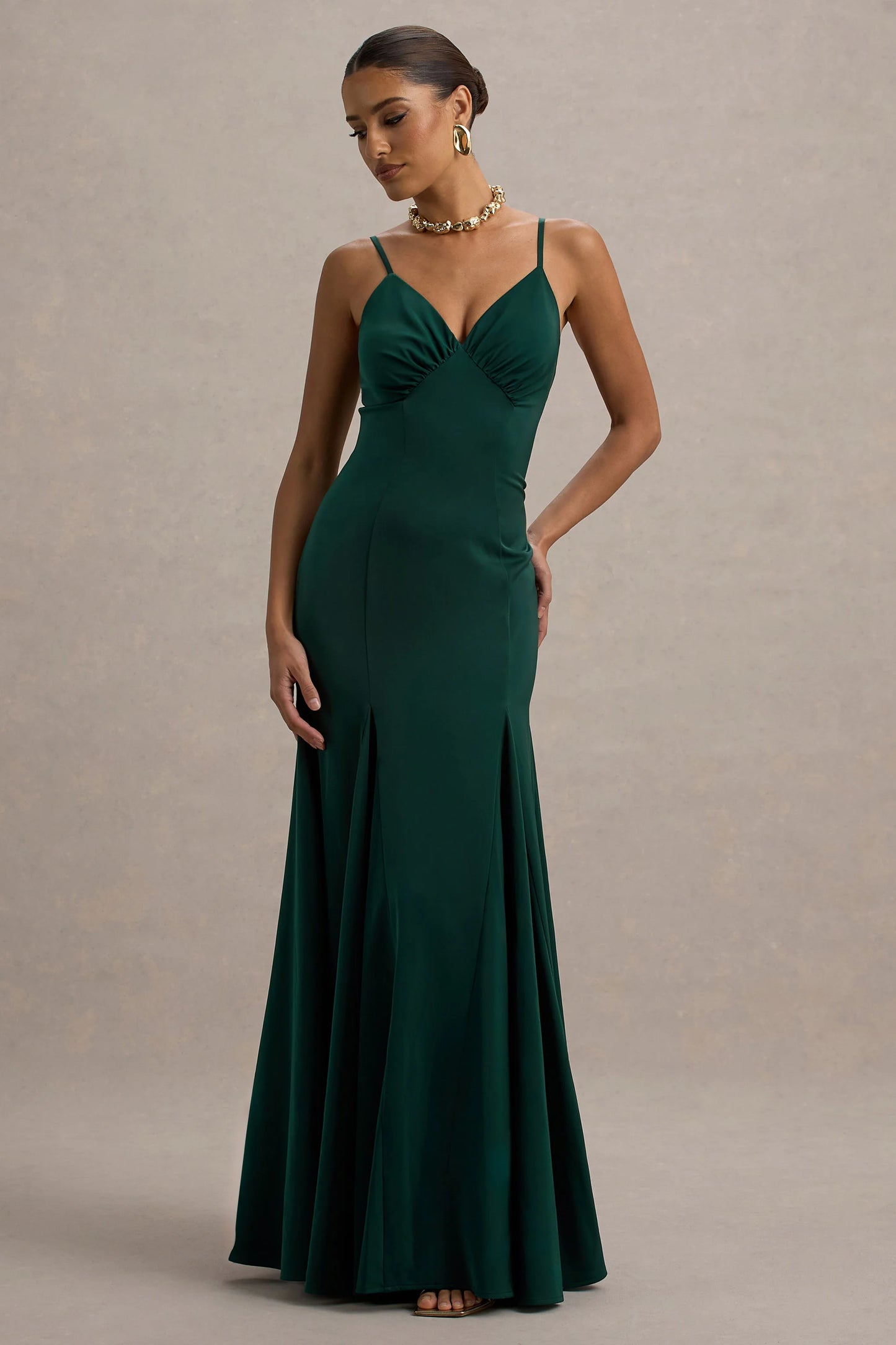 Ashly | Bottle Green Satin Maxi Dress With Volume Hem