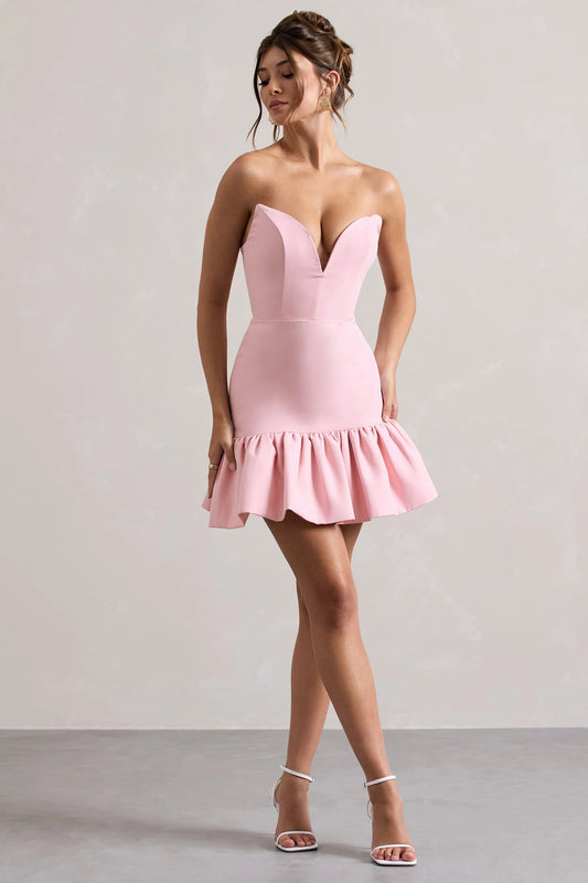 Koko | Pink Sweetheart Mini Dress With Ruffle Hem