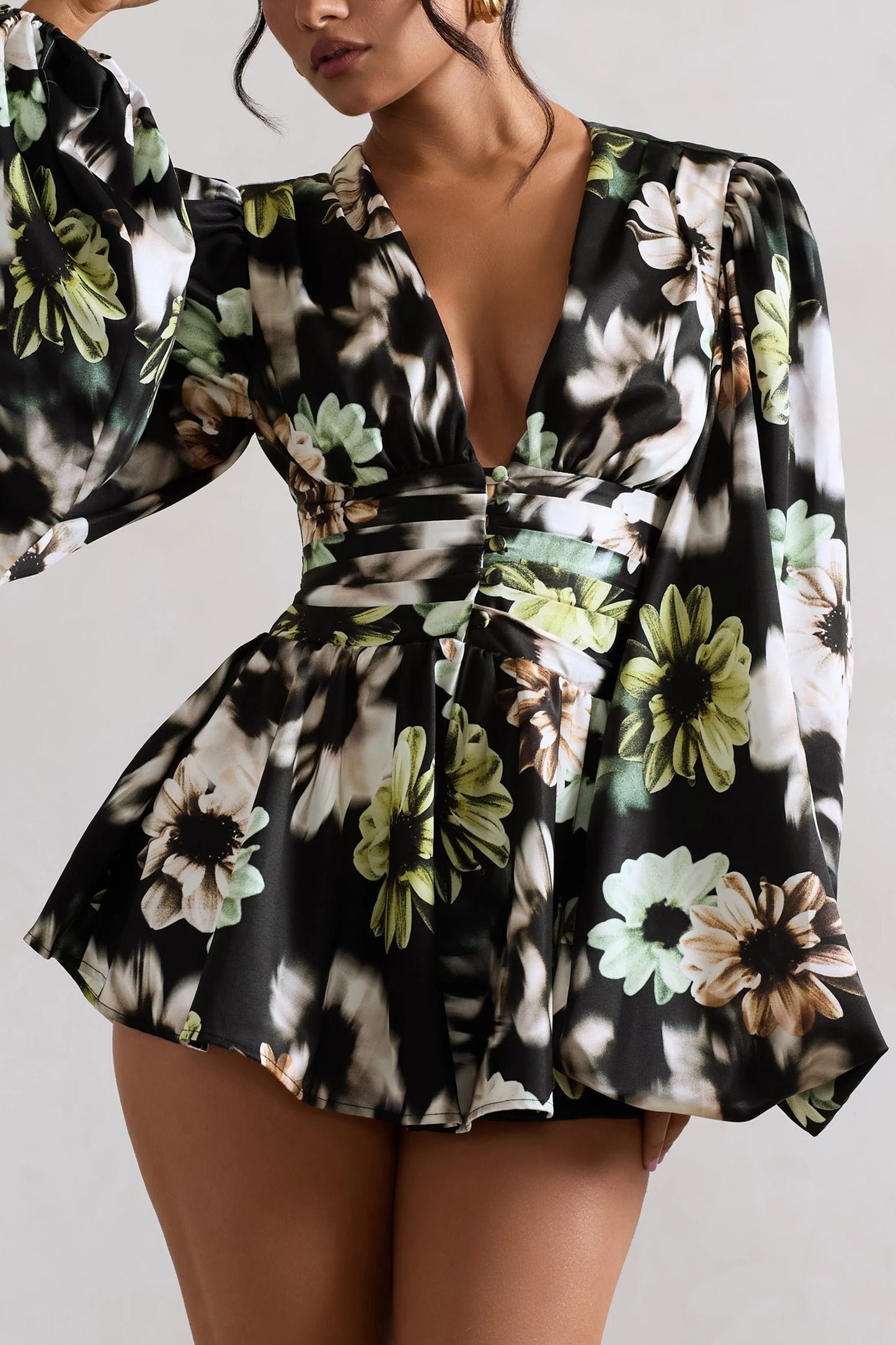 Katsura | Black Floral Print Satin Plunge-Neck Playsuit